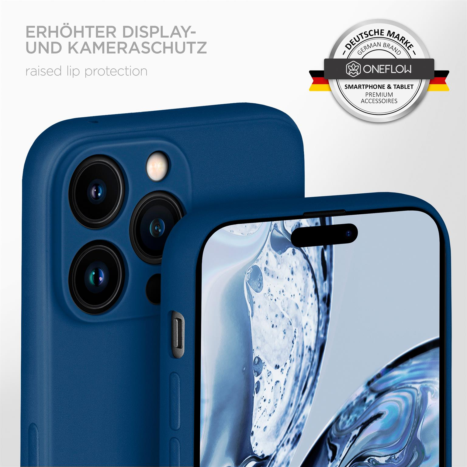 Eine blaue Handyhülle mit einem Handy auf weißem Hintergrund.