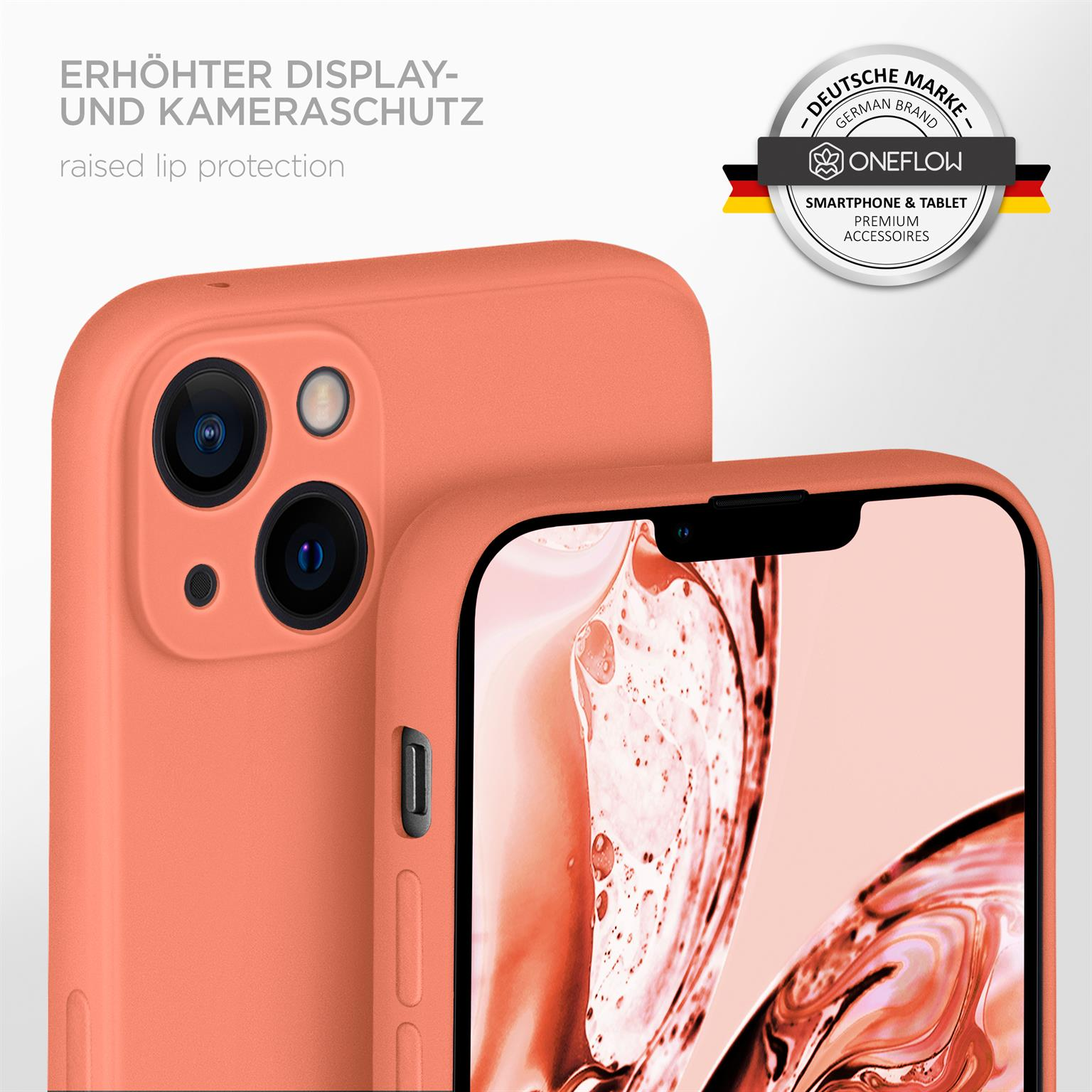 Korallenfarbene Handyhülle und Smartphone mit erhöhtem Lippenschutz.