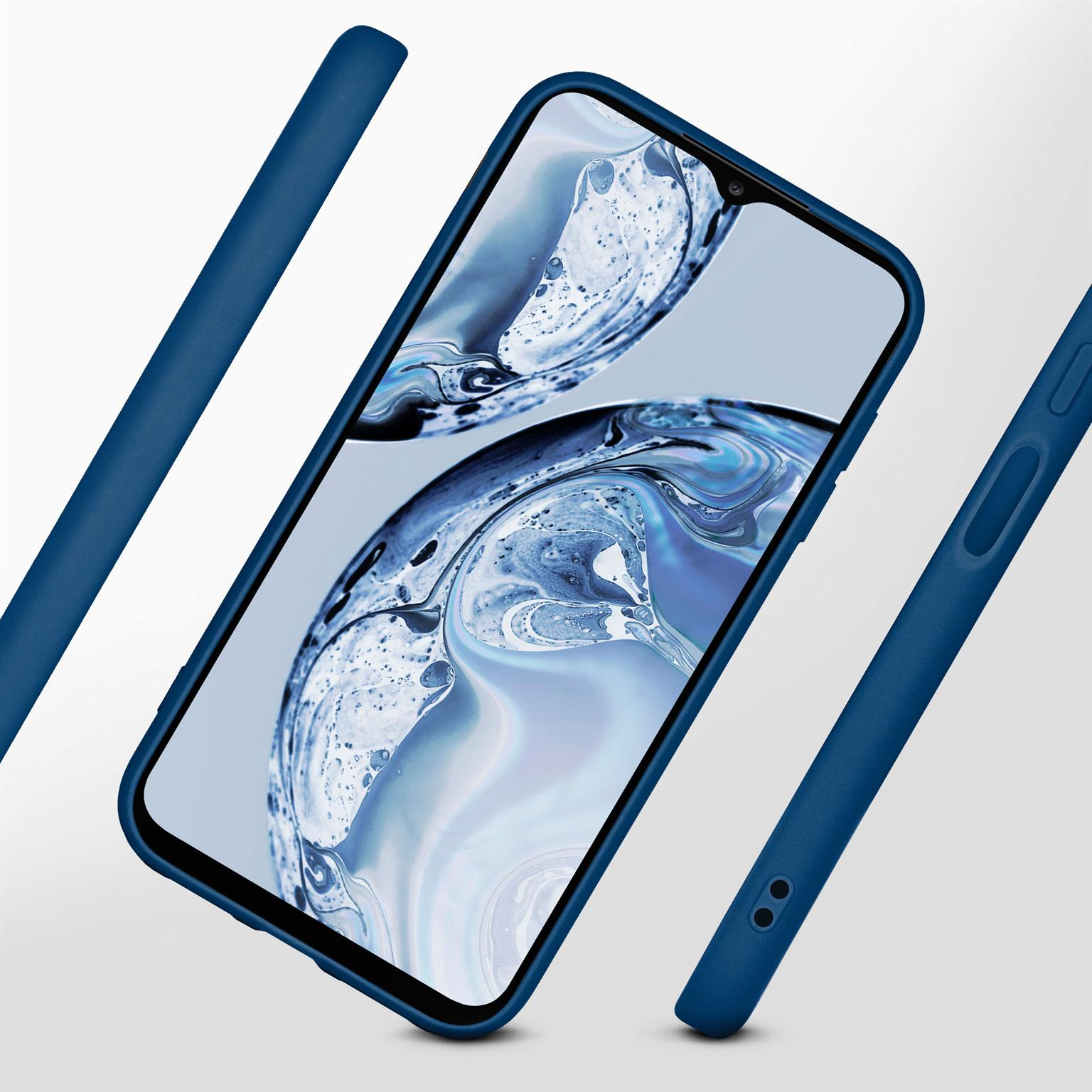 Blaue Handyhülle auf einem Telefon mit farbenfrohem, abstraktem Bild.