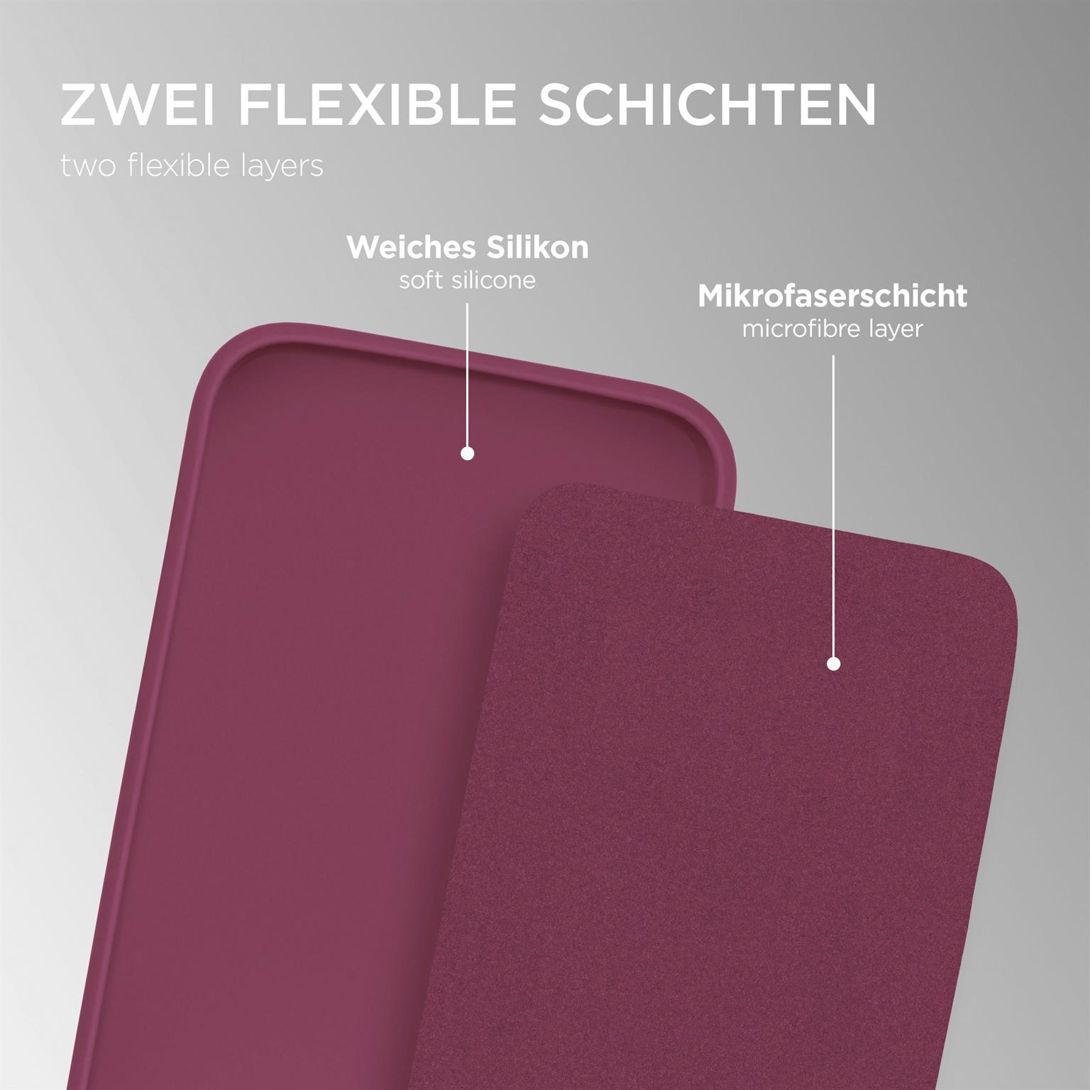 Zwei flexible Schichten. Weiches Silikon und Mikrofaser-Schicht sind sichtbar, in tiefen Purpurtönen.