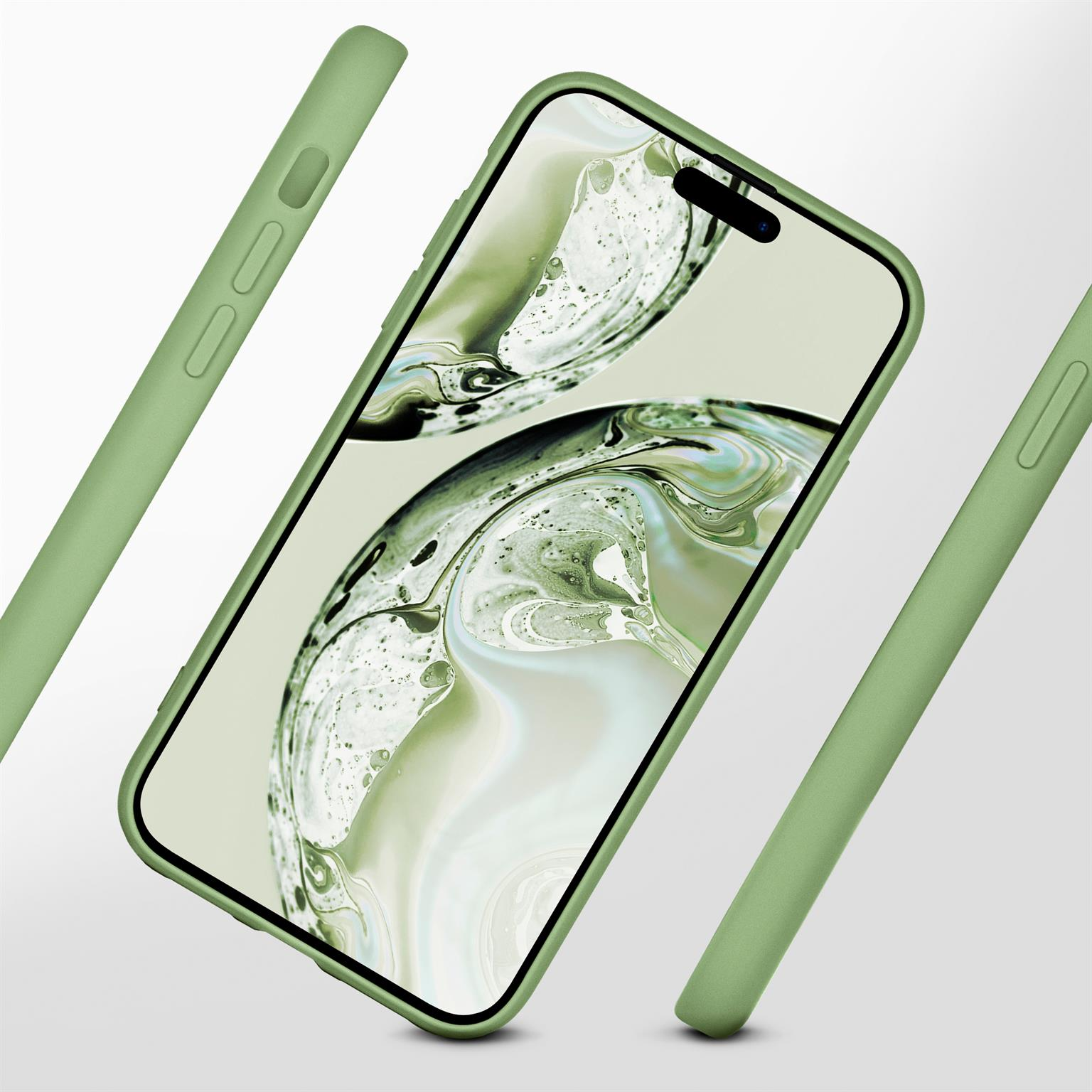 Ein grünes Telefon in einer Hülle, mit einem Bildschirm, der einen Hintergrund zeigt. Drei grüne Seiten sind ebenfalls sichtbar.