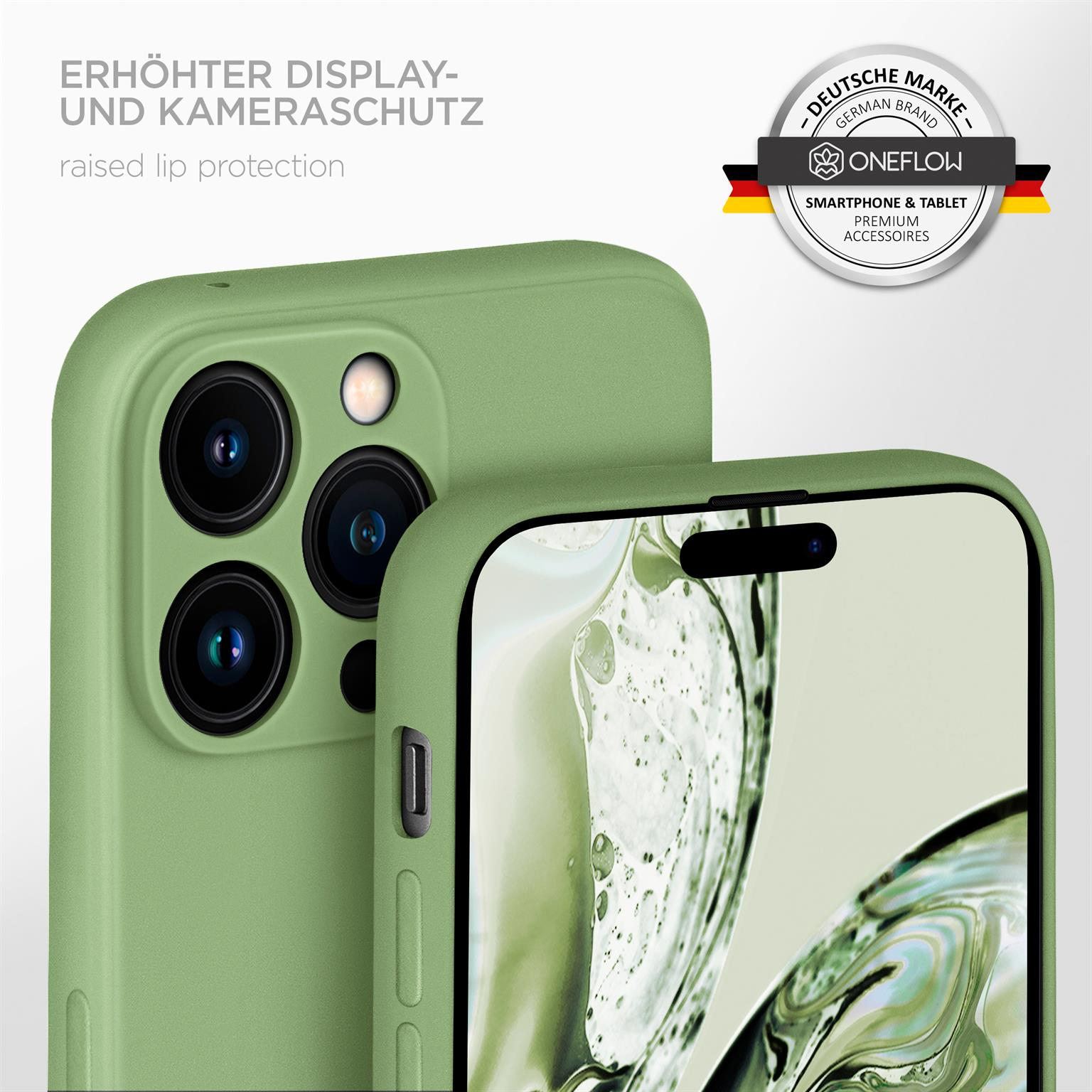 Eine grüne Handyhülle auf einem Telefon mit erhöhtem Rand zum Schutz der Kamera, und einem Markenlogo oben.