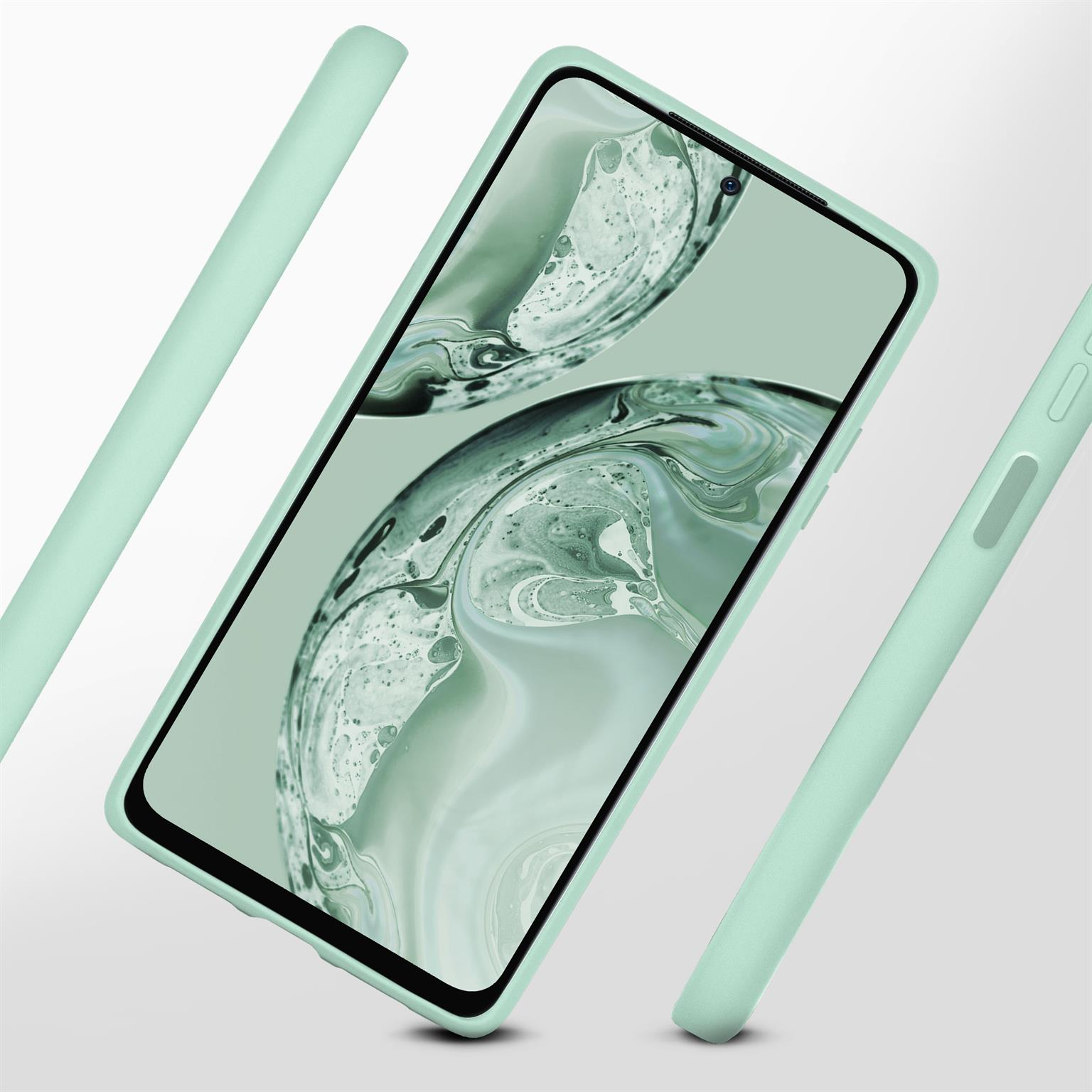 Mintgrünes Telefon mit Hülle, abgewinkelt, mit schwebenden Seitenabdeckungen.