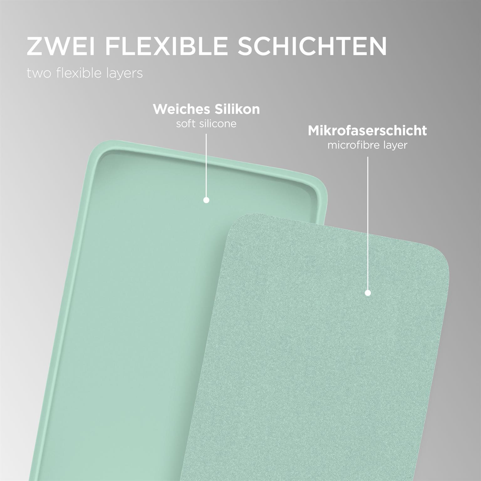 Zwei Schichten der Handyhülle, teal Silikon und Mikrofaser, der Text ist auf Deutsch.