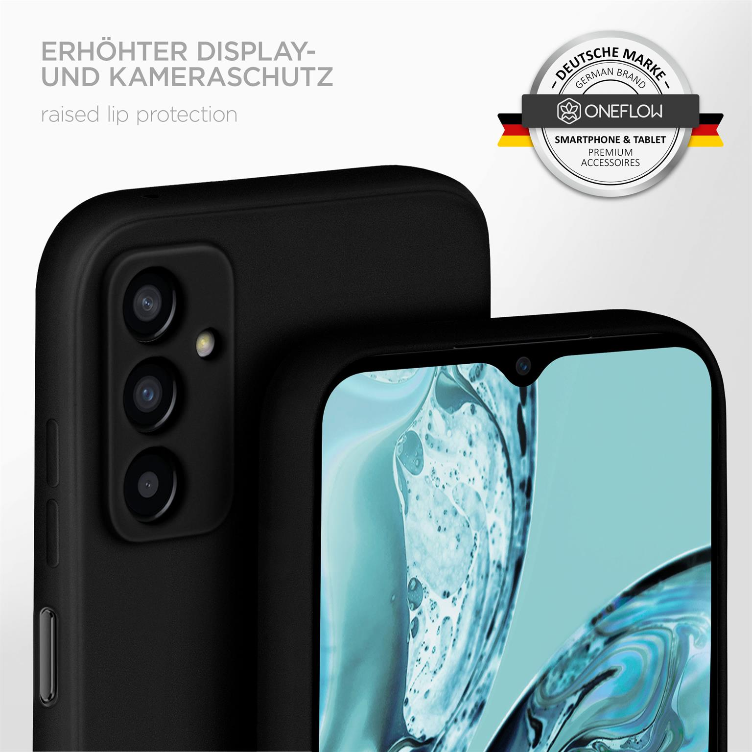 Schwarzes Telefon mit schwarzer Hülle, Kameradetail sichtbar. Weißer Hintergrund und Logo.