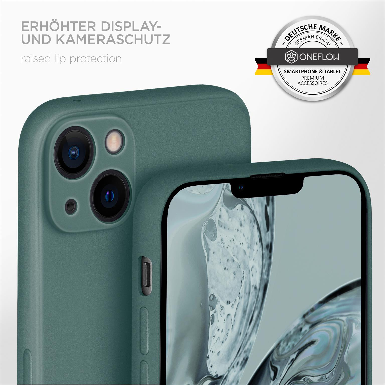 Ein Telefon in einer grünen Hülle, mit Oneflow-Logo, zeigt die Rück- und Seitenansicht. Die Hülle ist grün.