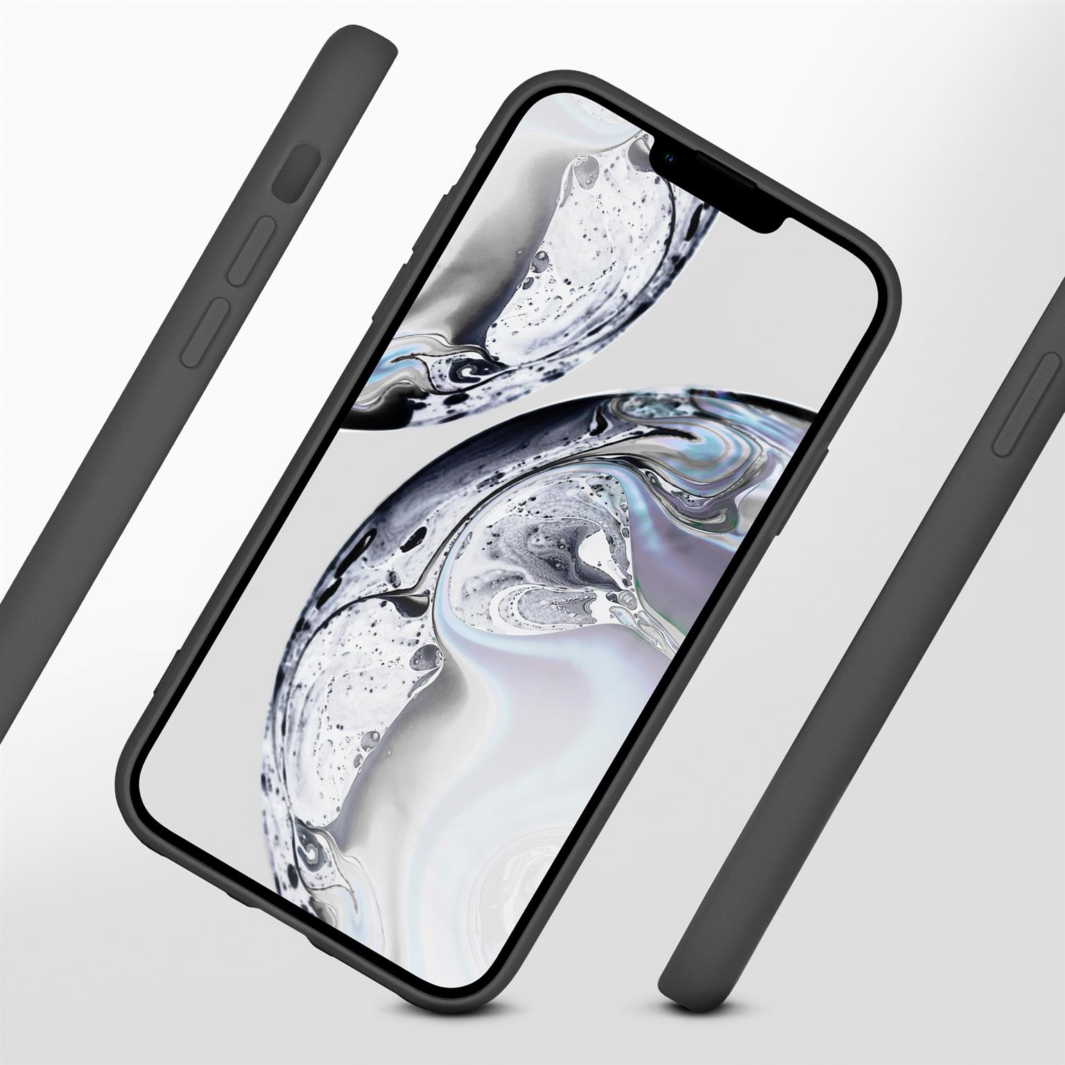 Schwarze Handyhülle mit einem Telefon darin. Das Telefon ist abgewinkelt, schwebt.