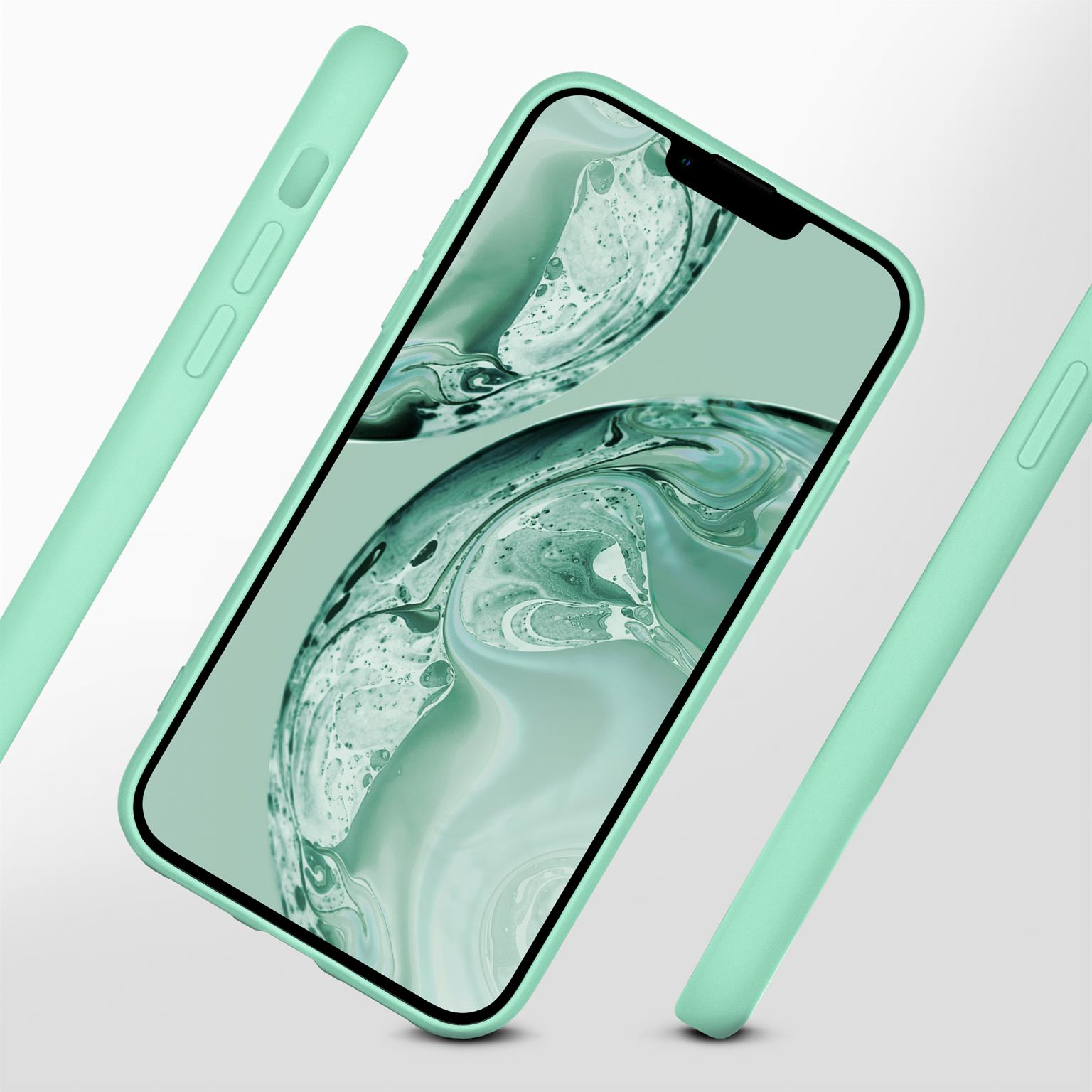 Eine mintgrüne Handyhülle wird mit einem Telefon darin gezeigt, abgewinkelt mit anderen ähnlichen Hüllen drumherum.