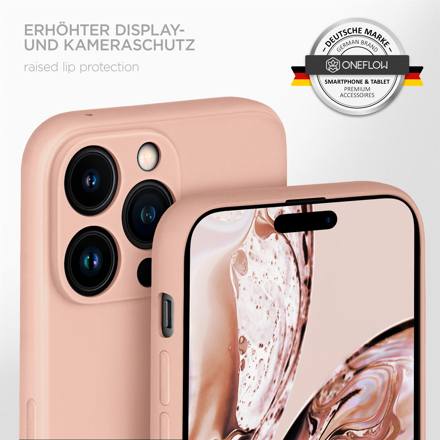 Nahaufnahme von zwei Handyhüllen mit erhöhtem Lippenschutz. Eine ist rosa, die andere hinten.