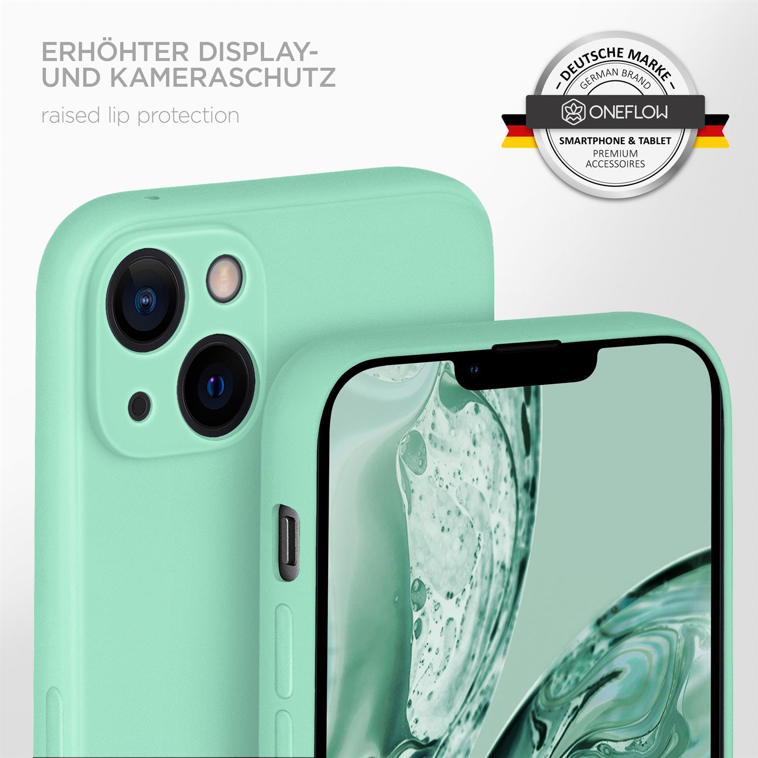 Eine mintgrüne Handyhülle. Telefon und Kamera sind sichtbar. Text zeigt erhöhten Lippenschutz.