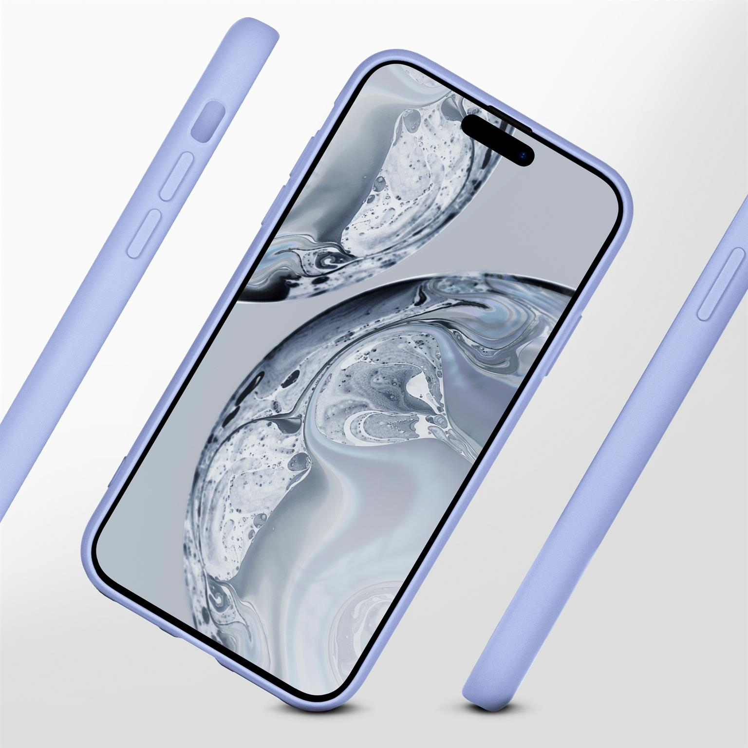 Telefon mit Schutzhülle; drei Hüllen schweben.
