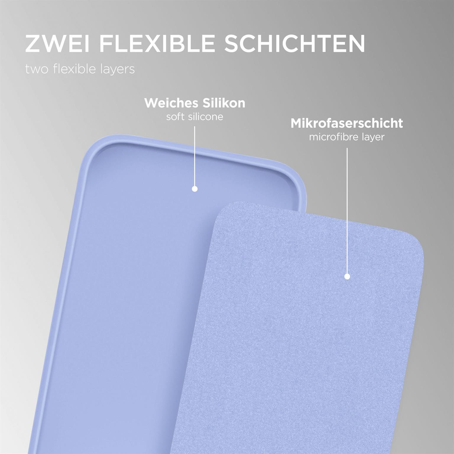 Zwei Schichten einer Handyhülle: weiches Silikon und eine Mikrofaser-Schicht.