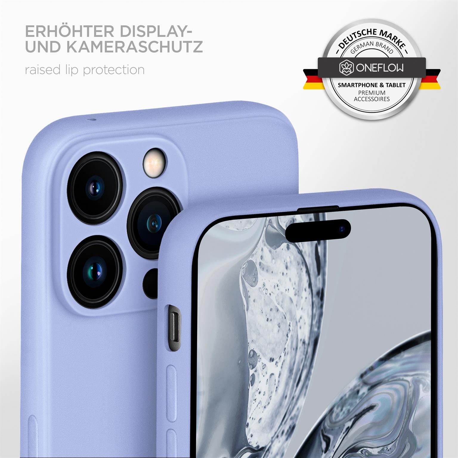 Eine hellviolette Handyhülle mit erhöhtem Rand. Ein Logo kennzeichnet hochwertiges Smartphone-Zubehör.