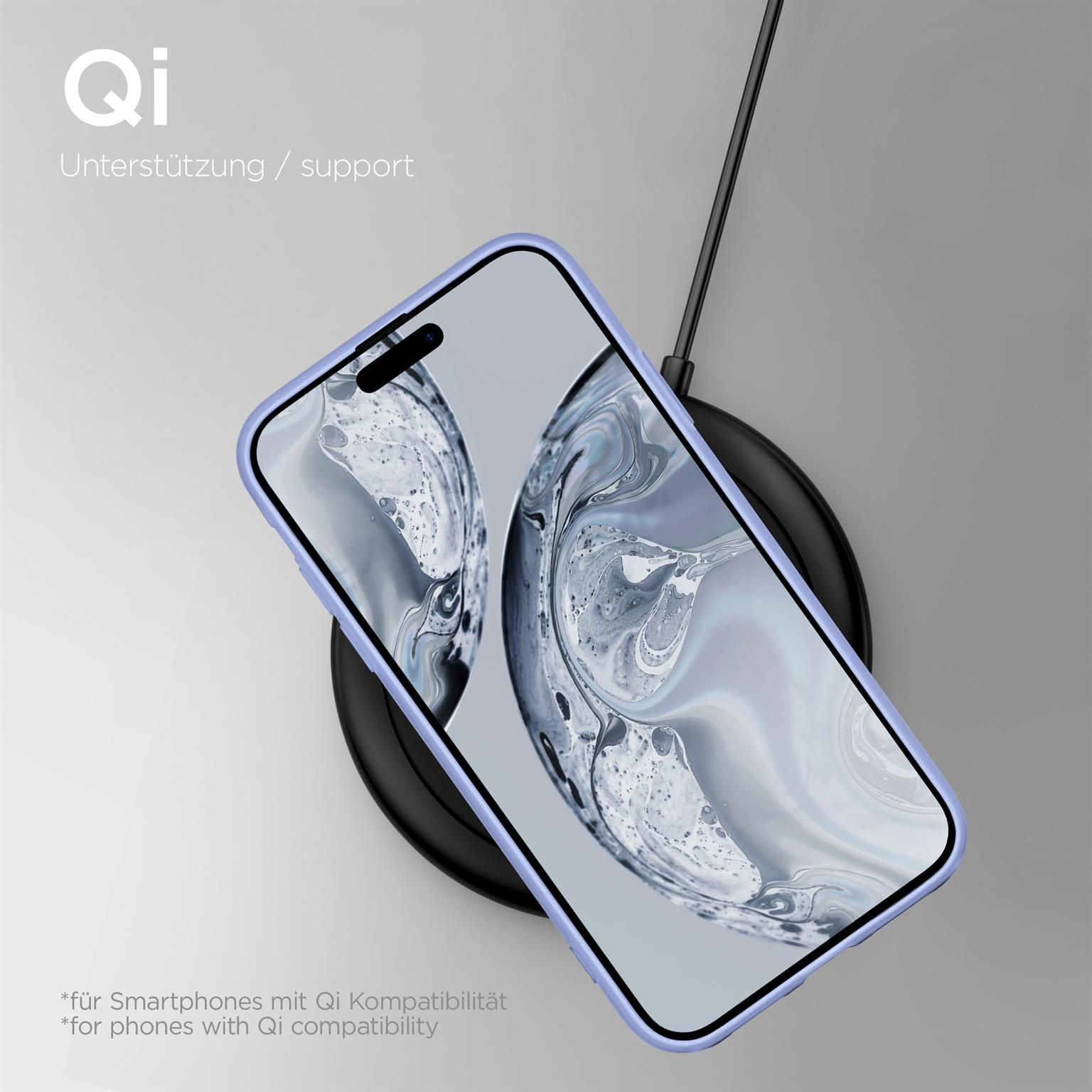 Telefon auf kabellosem Ladegerät. Text "Qi" und "Unterstützung". Telefon hat hellblaue Hülle.