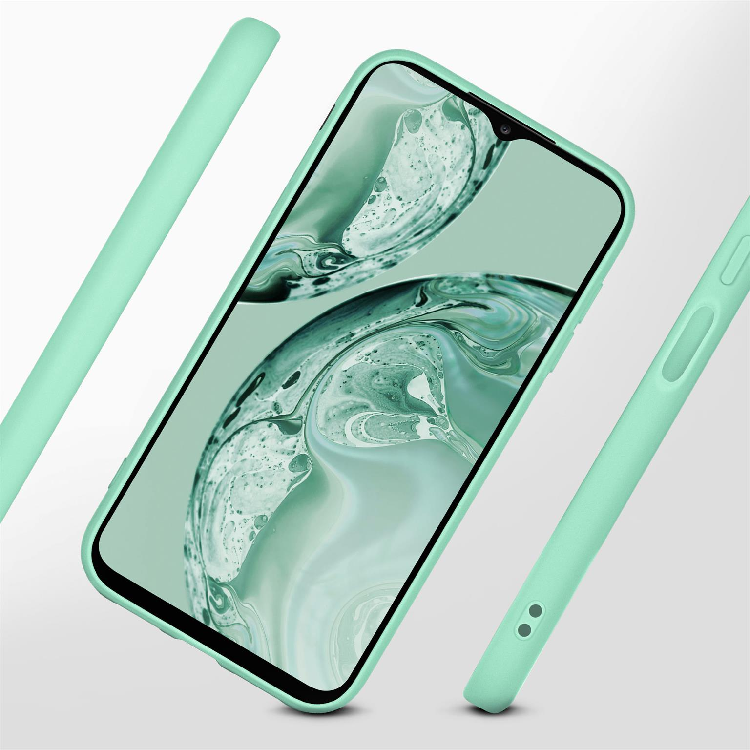 Mintgrüne Handyhülle mit Telefon und drei weiteren Teilen.