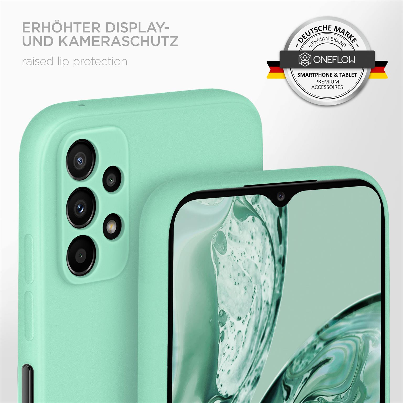 Mintgrüne Handyhülle mit Telefon. Erhöhter Lippenschutz und deutsches Markenlogo.