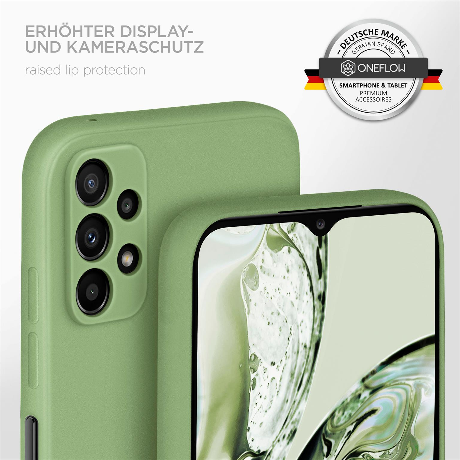 Grüne Handyhülle mit erhöhten Rändern und Telefon, mit Logo und Text.