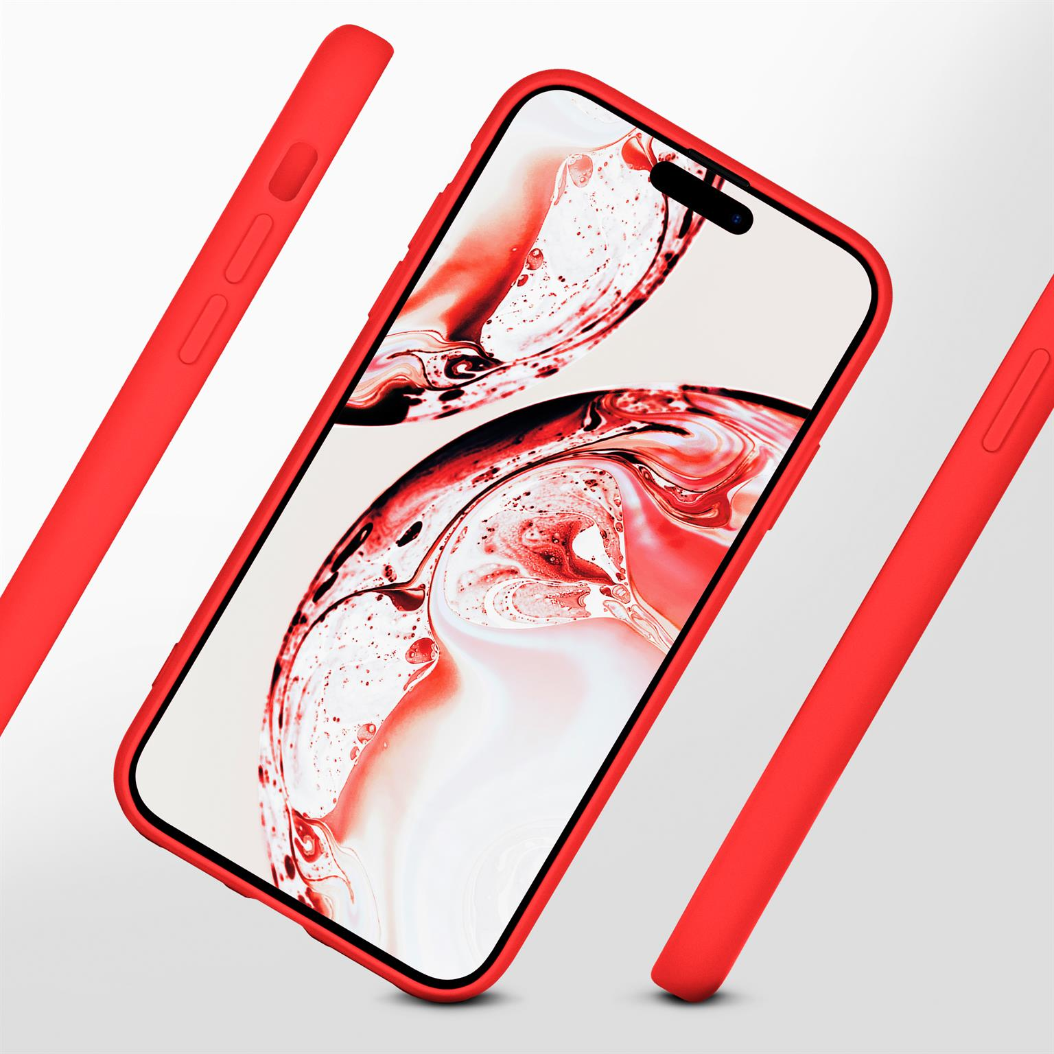 Rote Handyhülle auf einem Telefon. Das Telefon ist rot mit einer roten Hülle. Der Hintergrund ist hell.