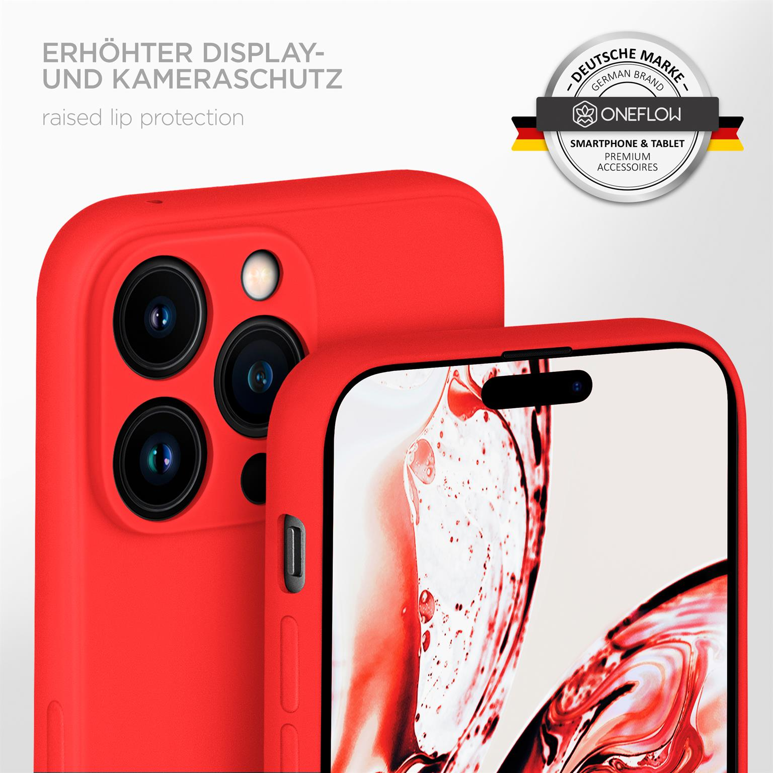 Eine rote Handyhülle mit erhöhtem Rand und ein Telefon mit rotem Display. Text sagt Schutz.