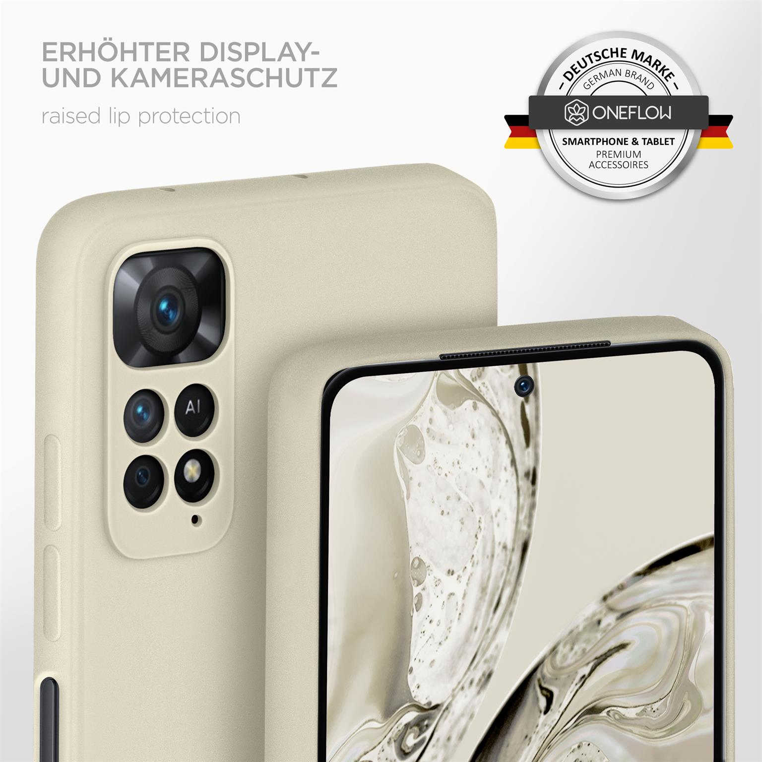 Eine beige Handyhülle neben einem Telefon. Die Hülle hat einen Kameraschutz und erhöhten Lippenschutz.