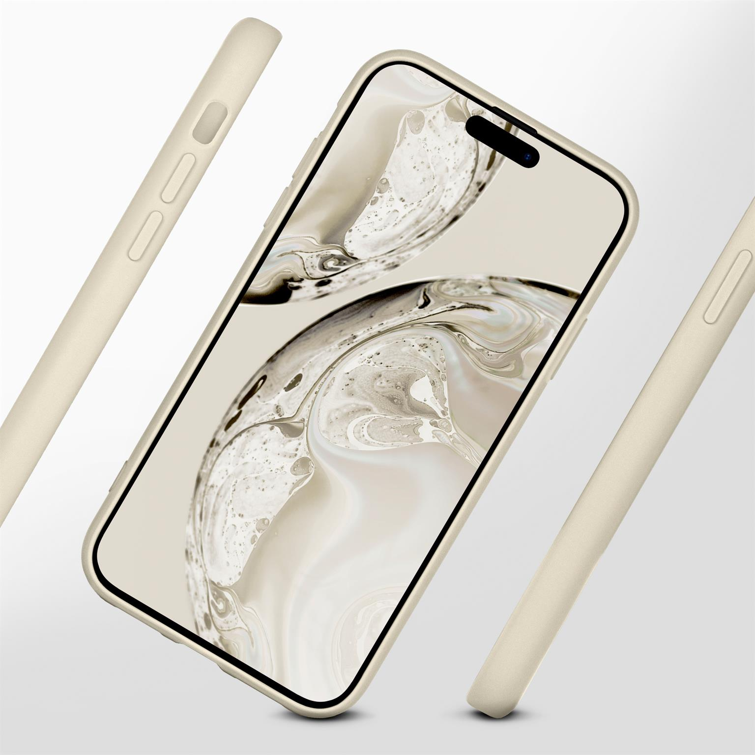 Telefon mit Hülle. Beiges Telefon in einer beigen Hülle, mit sichtbaren Seitentasten. Drei Hüllen sind gezeigt.