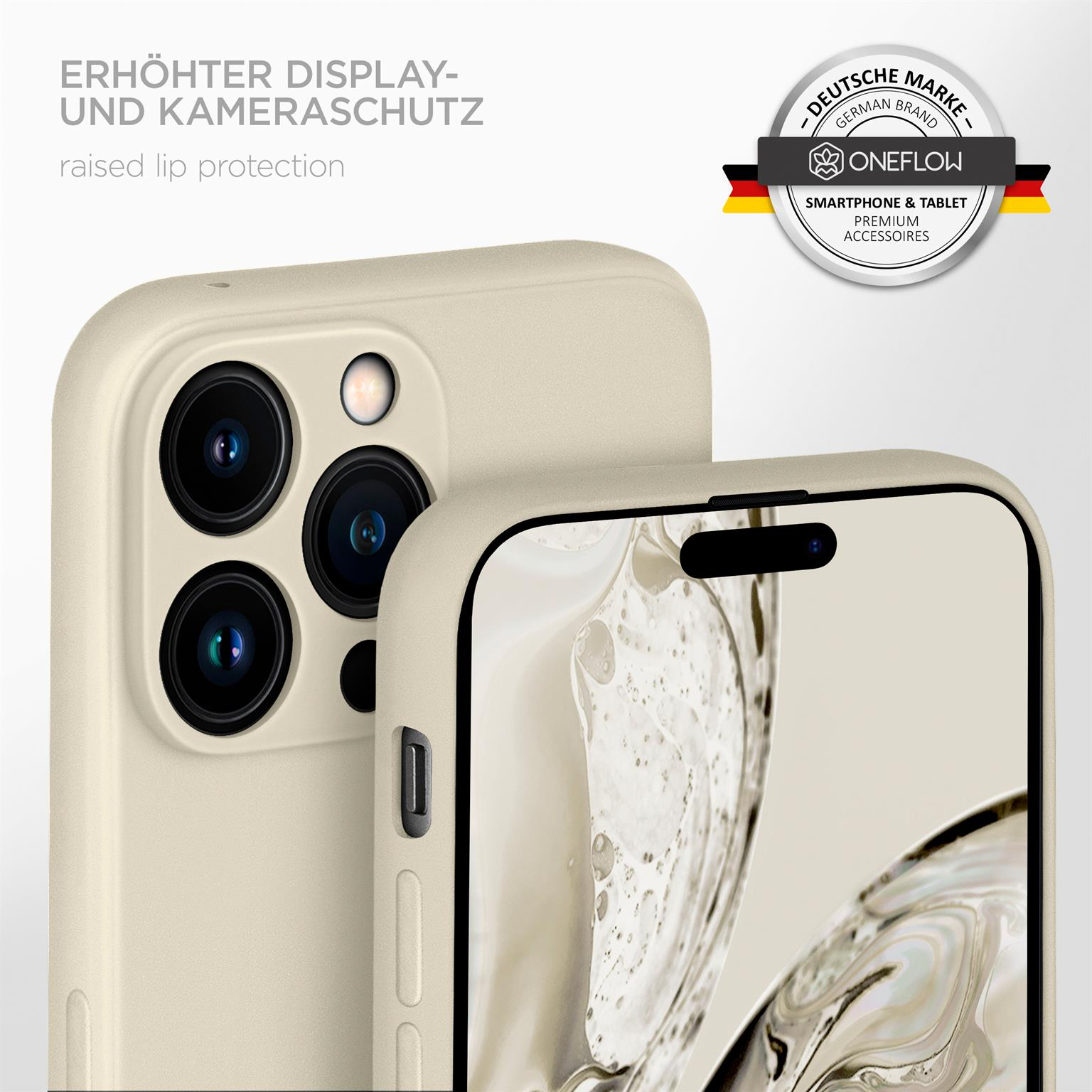Ein Telefon in einem beigen Gehäuse. Das Gehäuse hat eine erhöhte Lippe zum Schutz von Display und Kamera.