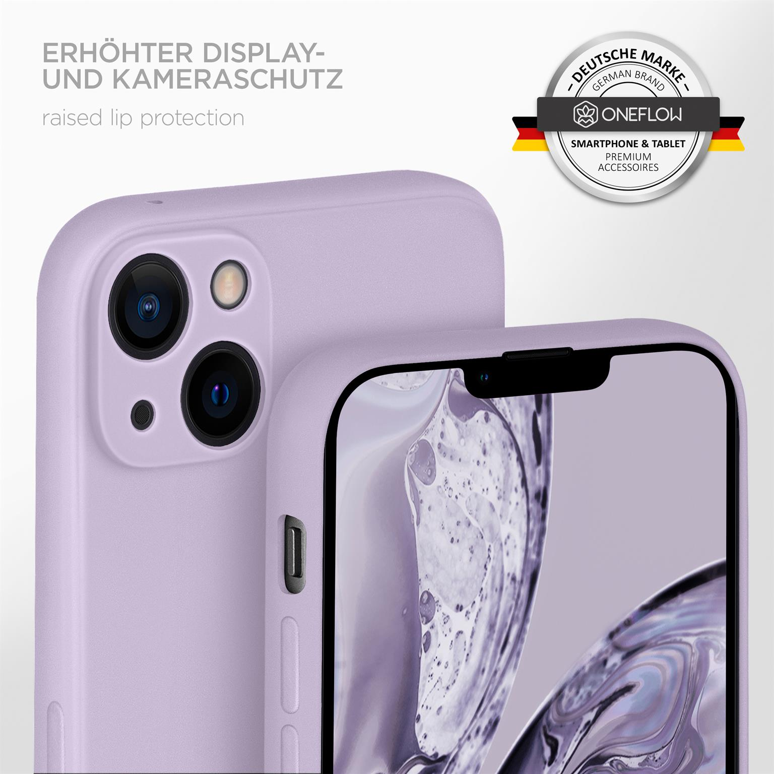 Eine Handyhülle auf dem Telefon in Lila. Der Markenname und der Schutz sind sichtbar.