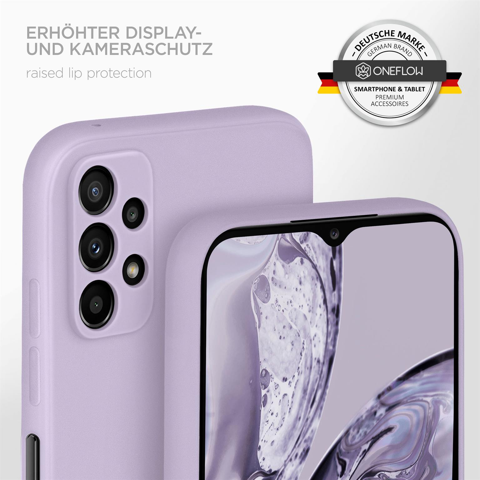 Eine lila Handyhülle mit einem Handy auf weißem Hintergrund.