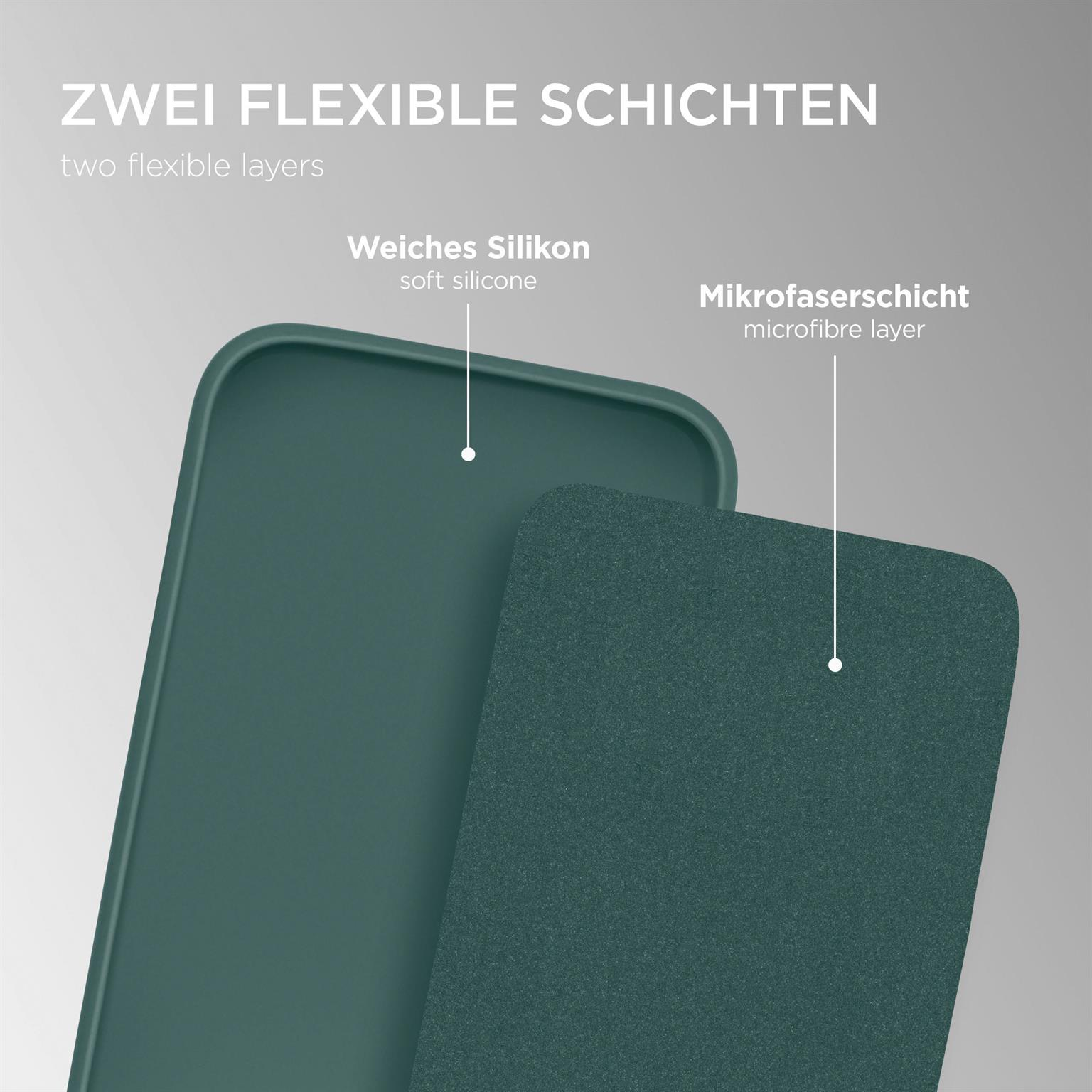 Nahaufnahme von zwei flexiblen Schichten: weiches Silikon und eine Mikrofaser-Schicht, in Grün.