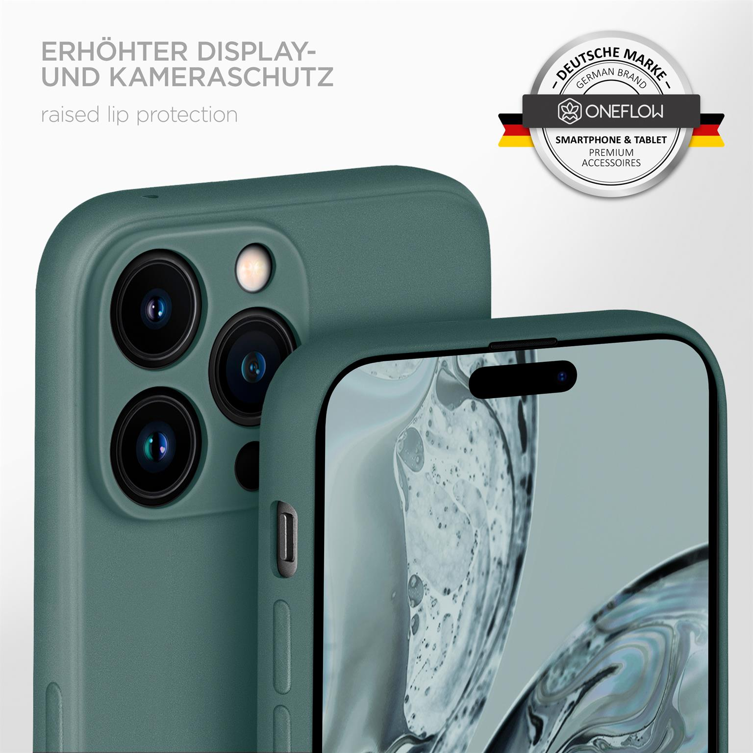 Grüne Handyhülle mit einem Telefon und der Oberseite einer anderen Hülle. Oben ist ein Logo.