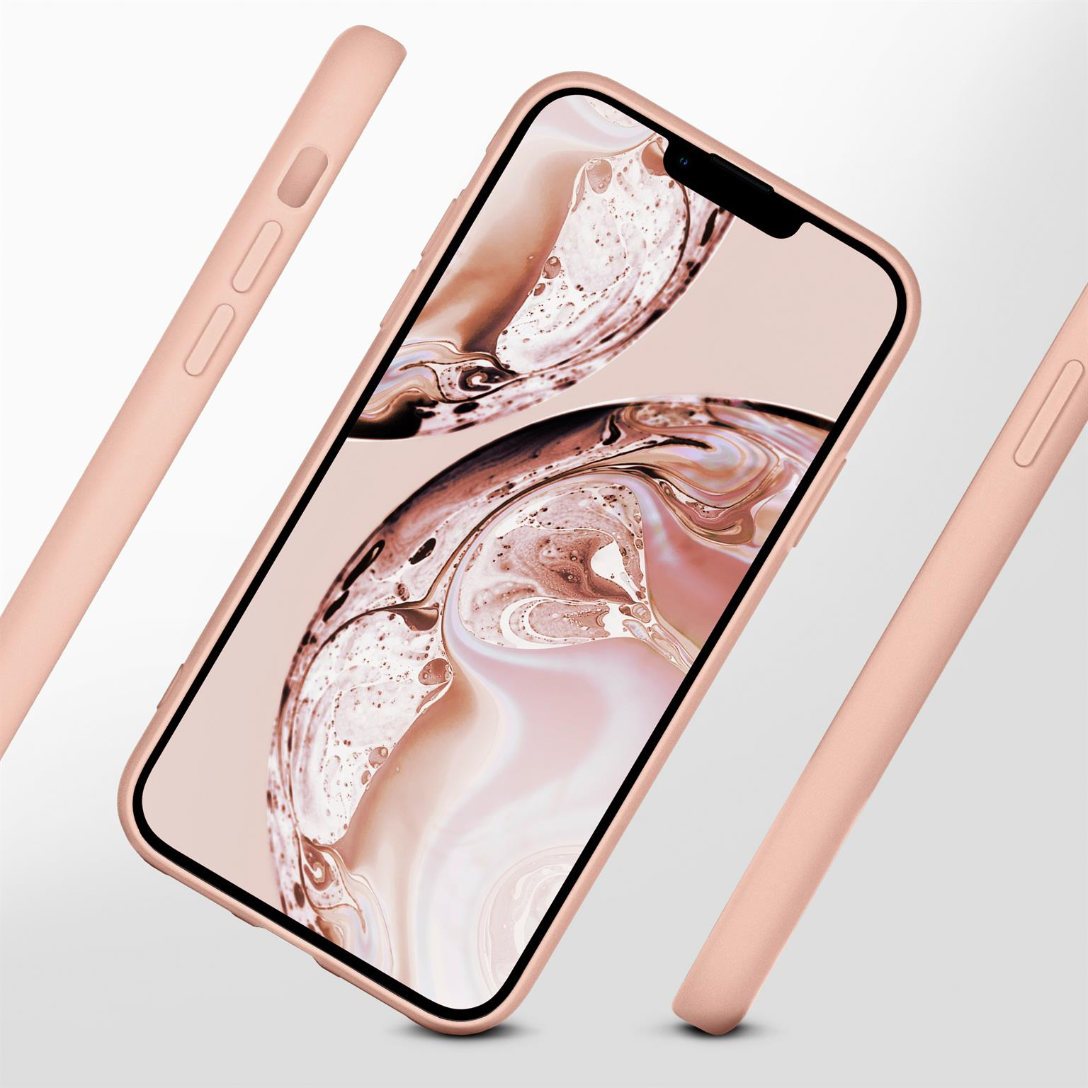 Ein rosafarbenes Telefon in einer Hülle mit verschwommenem rosa Hintergrund.