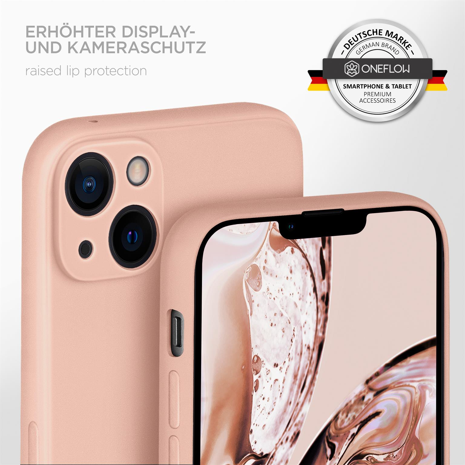 Eine Smartphone-Hülle in Rosa mit erhöhtem Lippenschutz. Ein Logo ist oben rechts sichtbar.