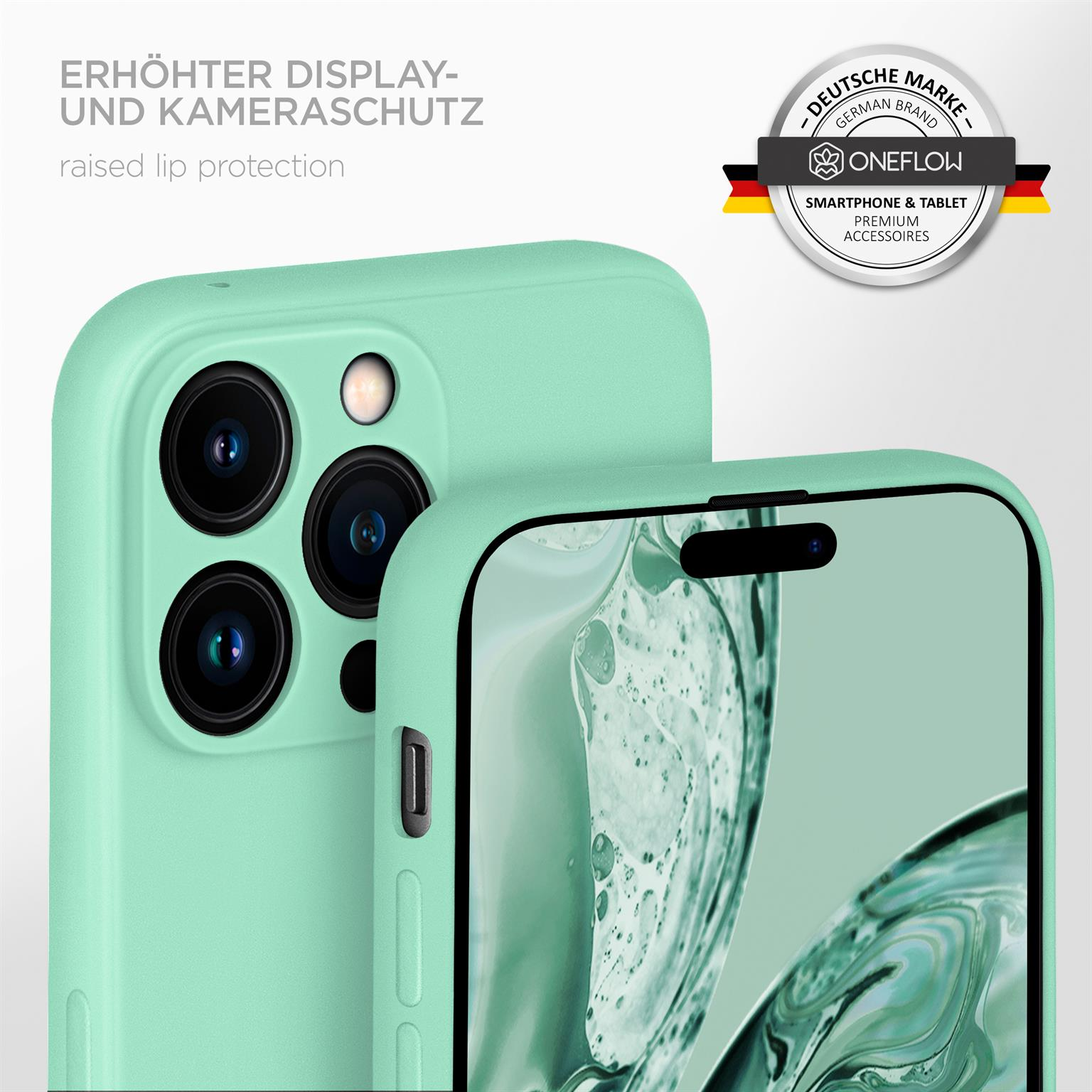 Grüne Handyhülle mit Handy. Text weist auf erhöhten Rand- und Kameraschutz hin. Weißer Hintergrund.