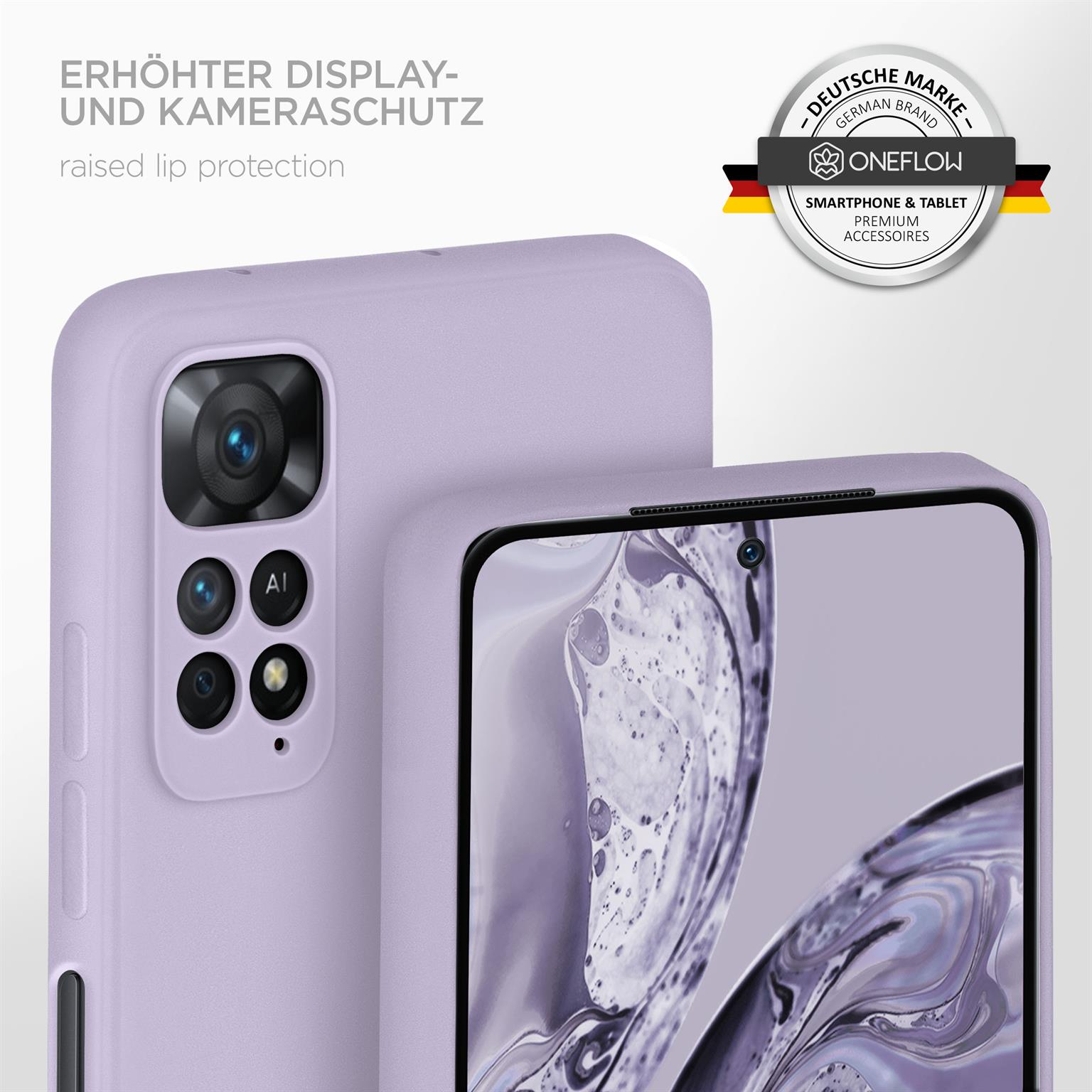 Lila Handyhülle mit Telefon. Erhöhter Lippenschutz und deutsches Branding. Weißer Hintergrund.