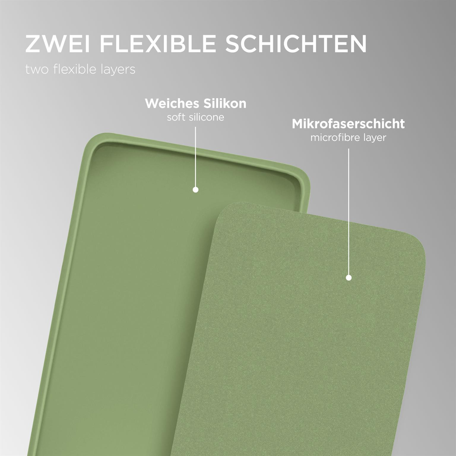 Grüne Handyhüllen-Schichten. Weiches Silikon und Mikrofaser-Schicht sind beschriftet.