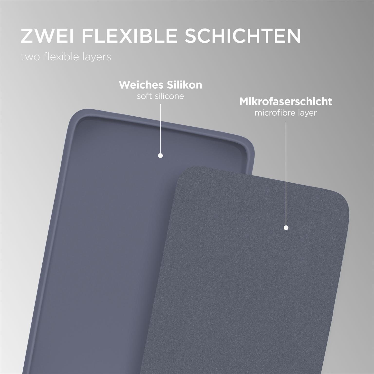 Zwei Schichten einer Handyhülle, blaues Silikon und eine graue Mikrofaser, Nahaufnahme.