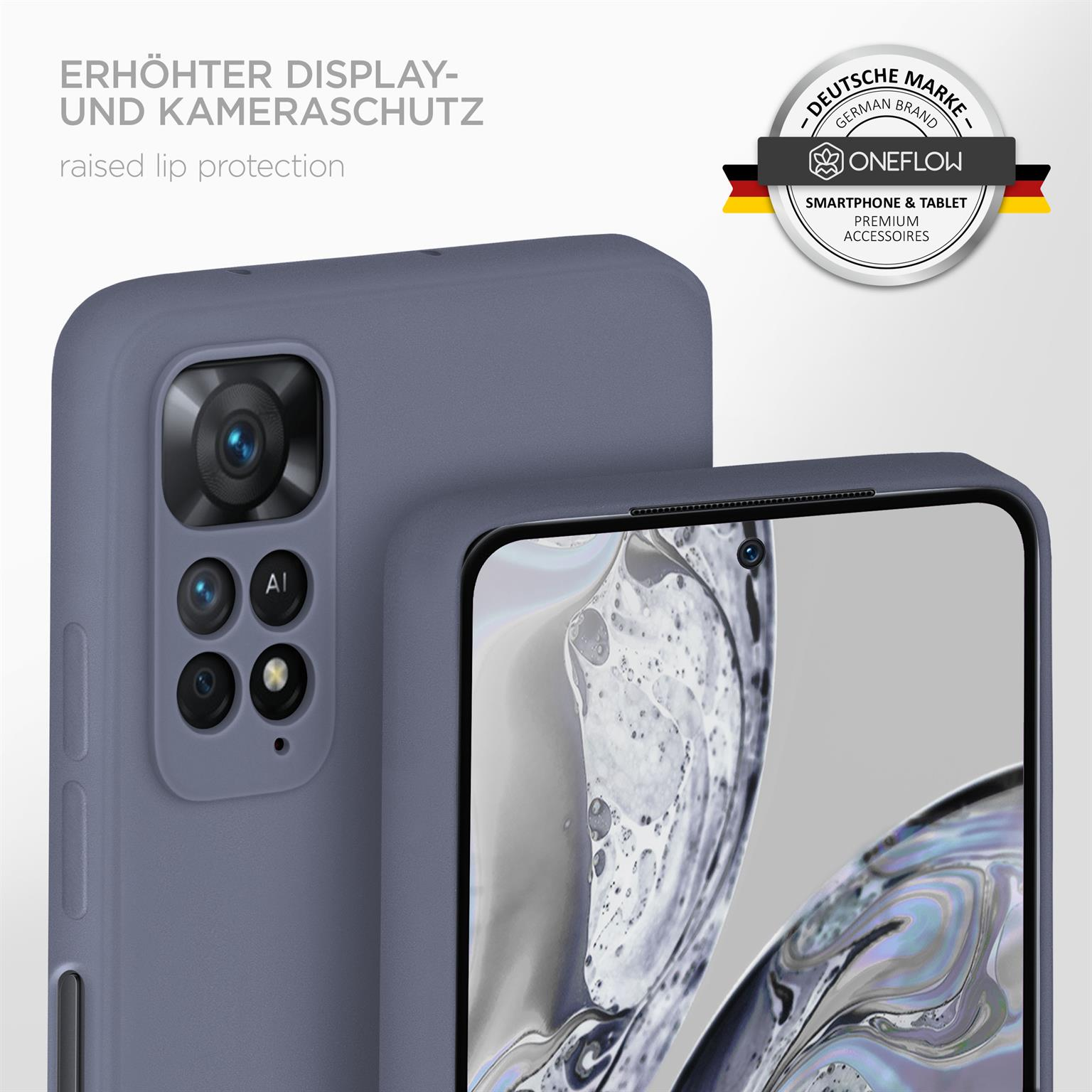 Ein Telefon in einer blauen Hülle mit erhöhtem Rand. Ein silbernes Logo ist vorhanden. Eine Kamera ist sichtbar.