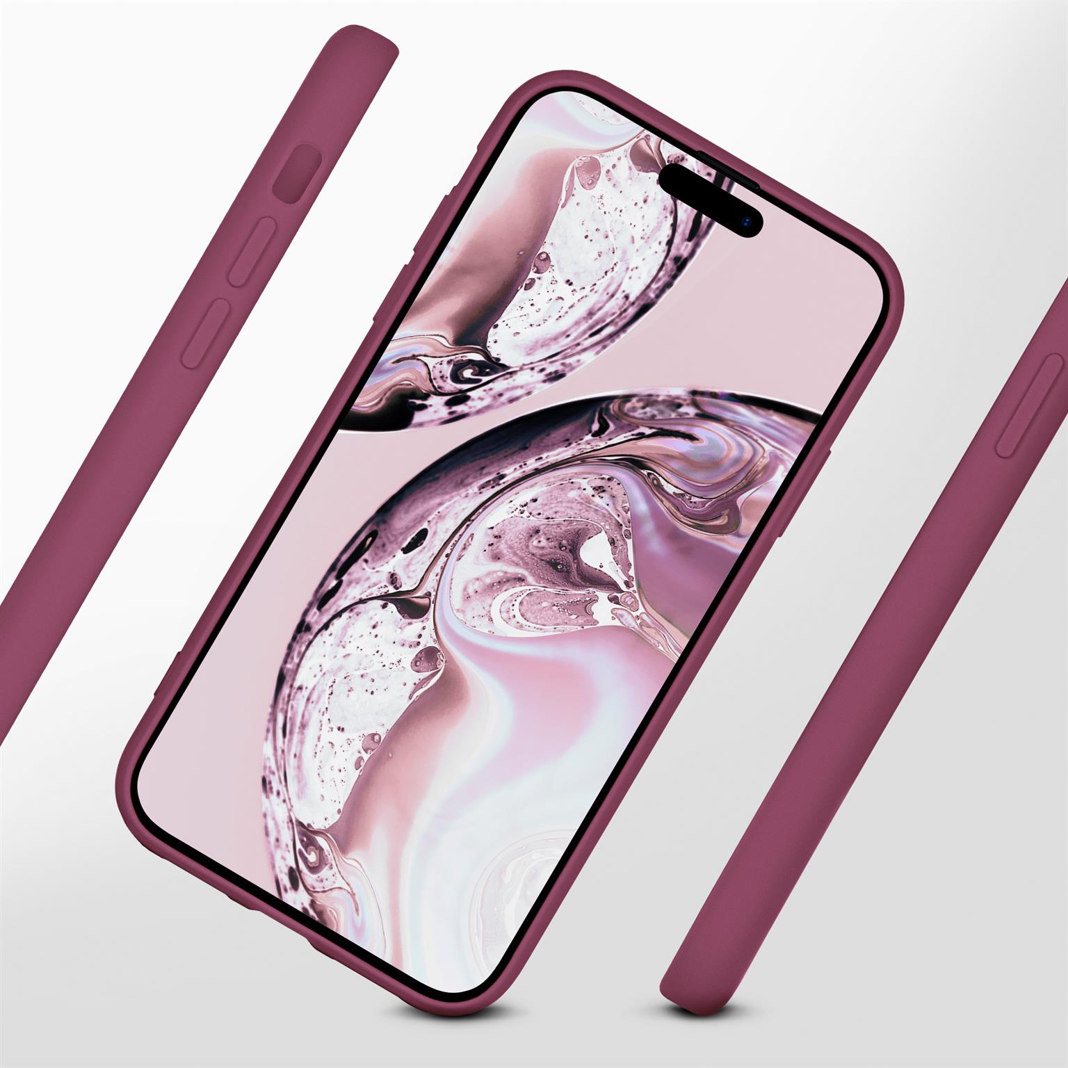 Telefon mit weinroter Hülle und drei abgenommenen Teilen. Telefon zeigt abstraktes Bild.