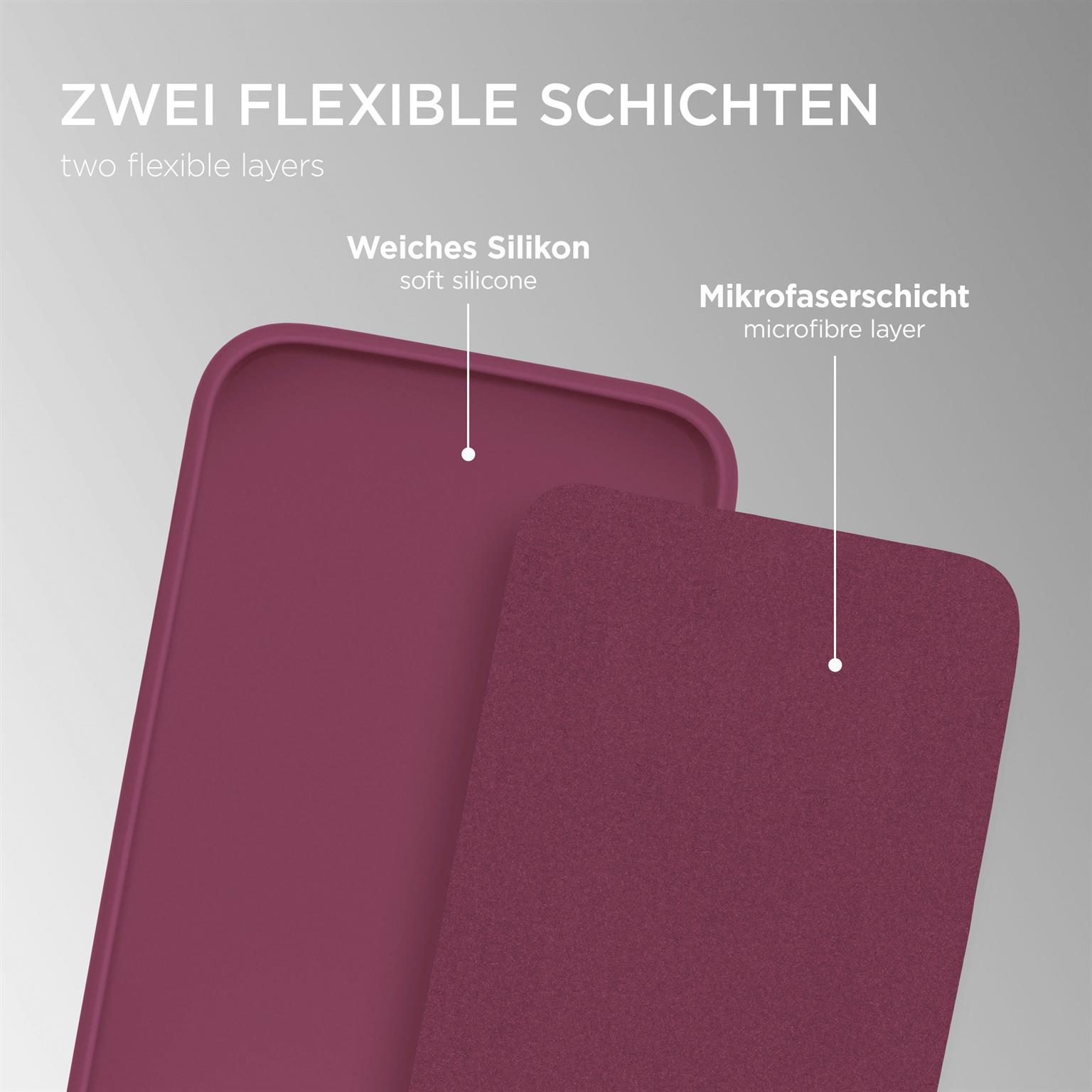 Zwei Schichten einer Handyhülle. Eine ist burgunderfarben, die andere dunkler.