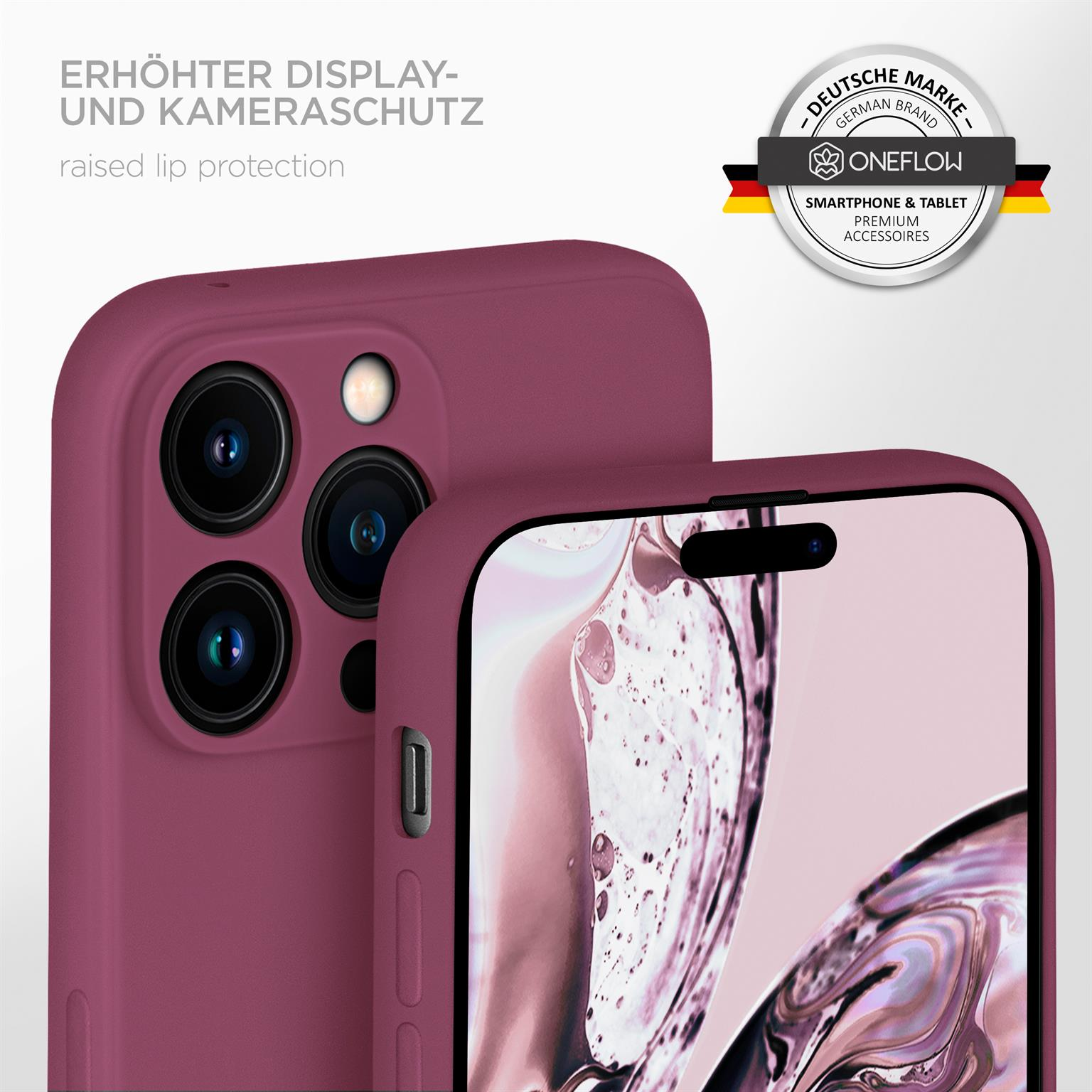 Eine pflaumenfarbene Smartphone-Hülle mit erhöhten Kanten, Nahaufnahme eines Telefons und einer Kamera.