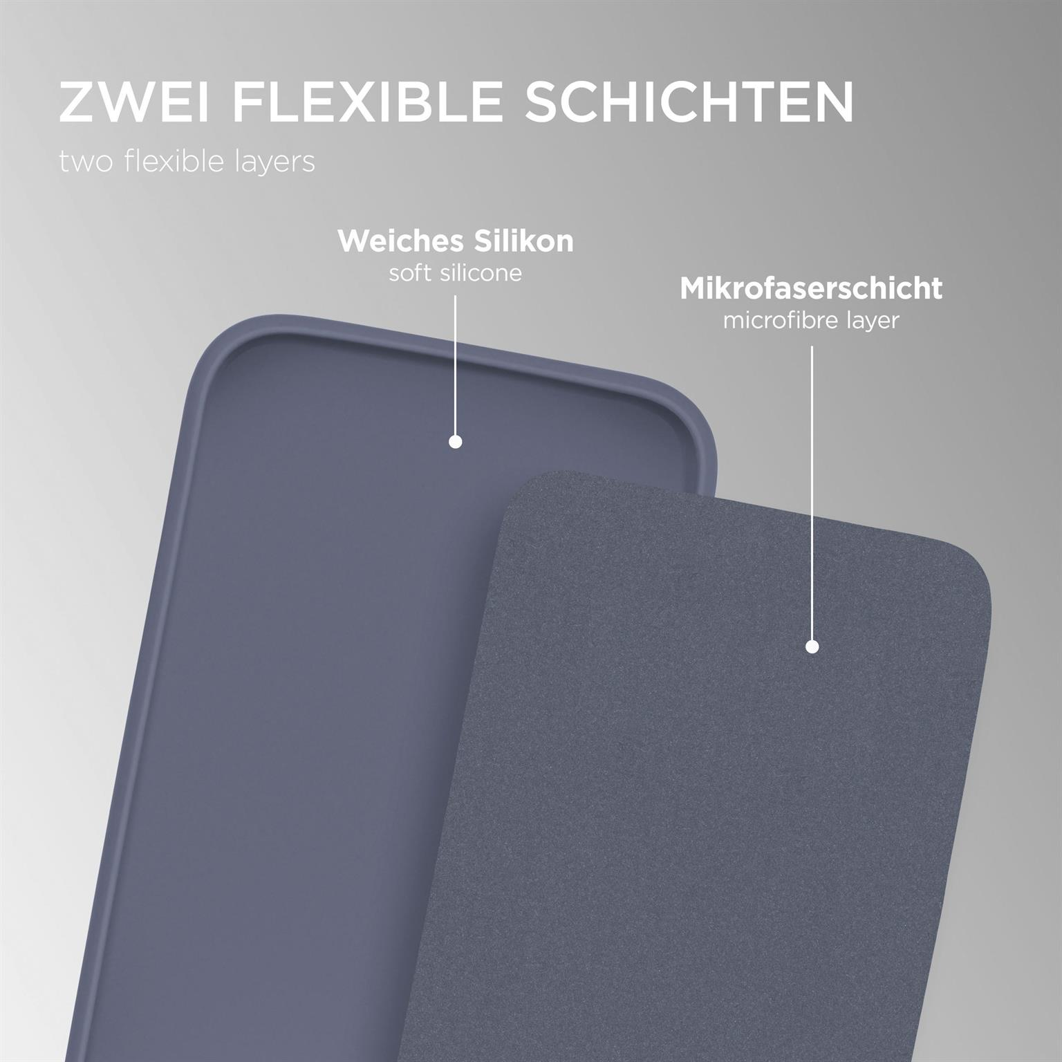 Zwei blaue Handyhüllen-Schichten werden gezeigt: weiches Silikon und Mikrofaser.