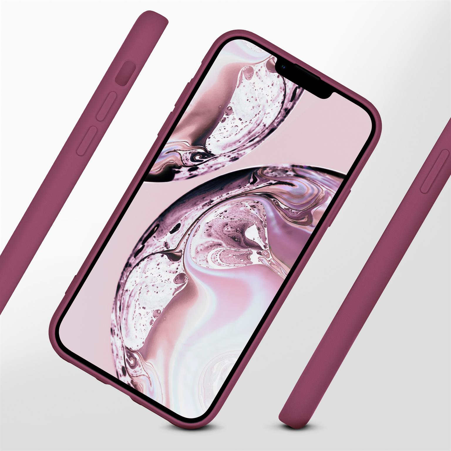 Ein Telefon in einer lila Hülle. Das Telefon befindet sich auf weißem Hintergrund.