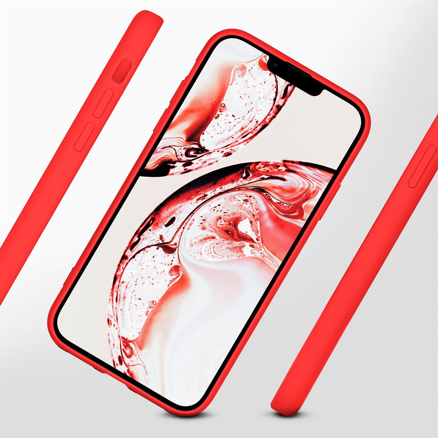 Rote Handyhülle mit Telefon, schwebt mit zwei weiteren Hüllen.