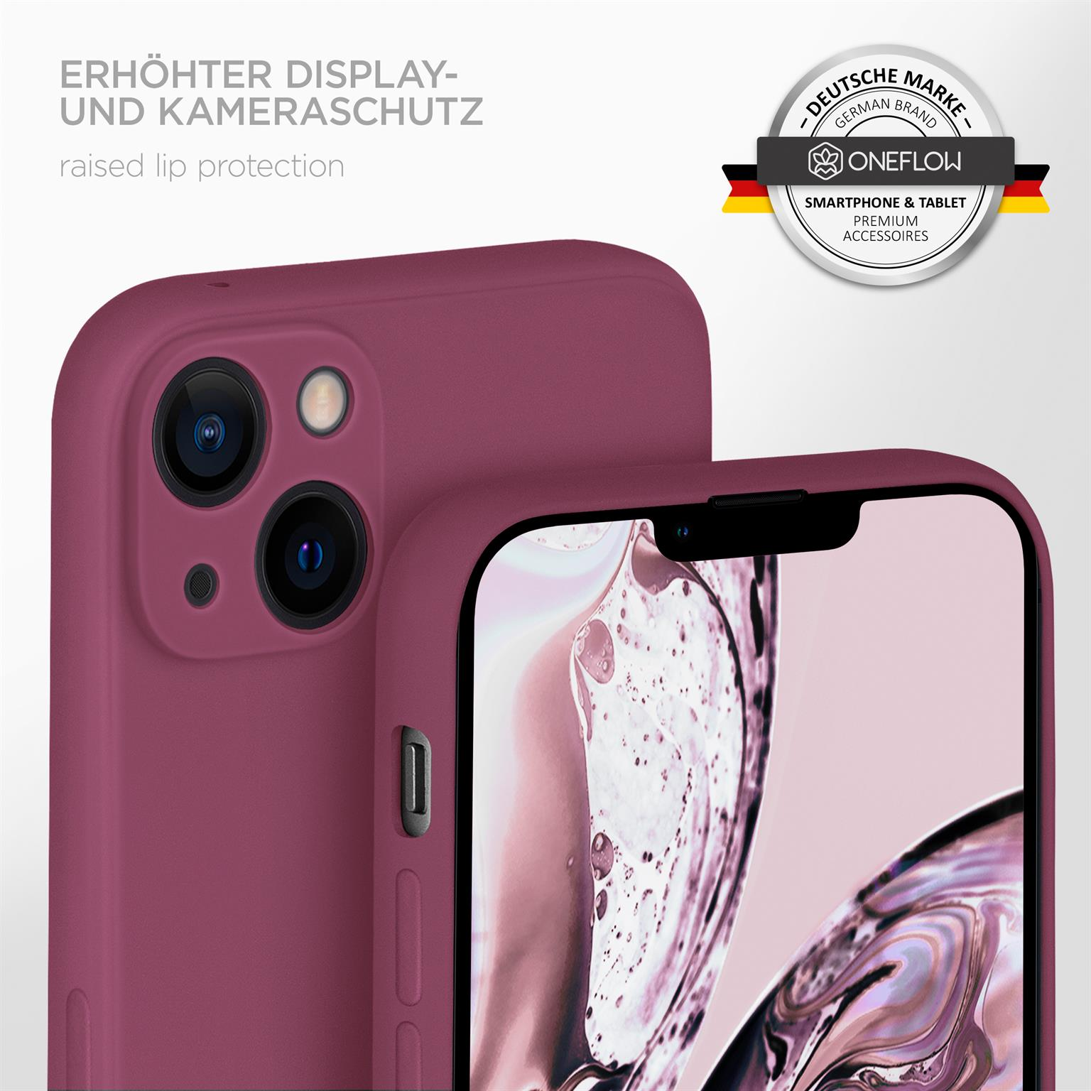 Nahaufnahme einer weinroten Handyhülle. Deutscher Text über Display- und Kameraschutz ist sichtbar.