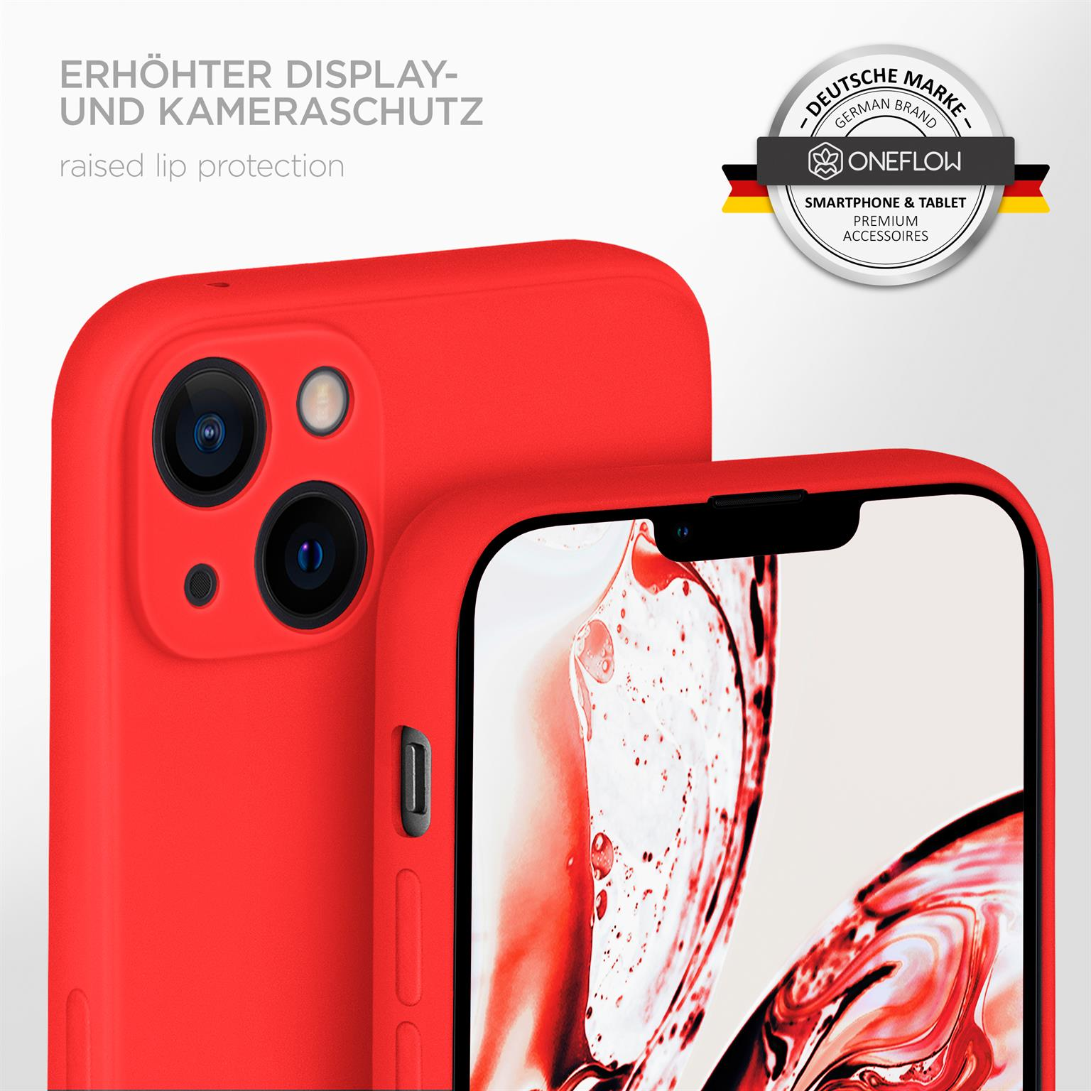 Eine rote Handyhülle mit einem Telefon darin und einem Logo. Text: erhöhter Display- und Kameraschutz.