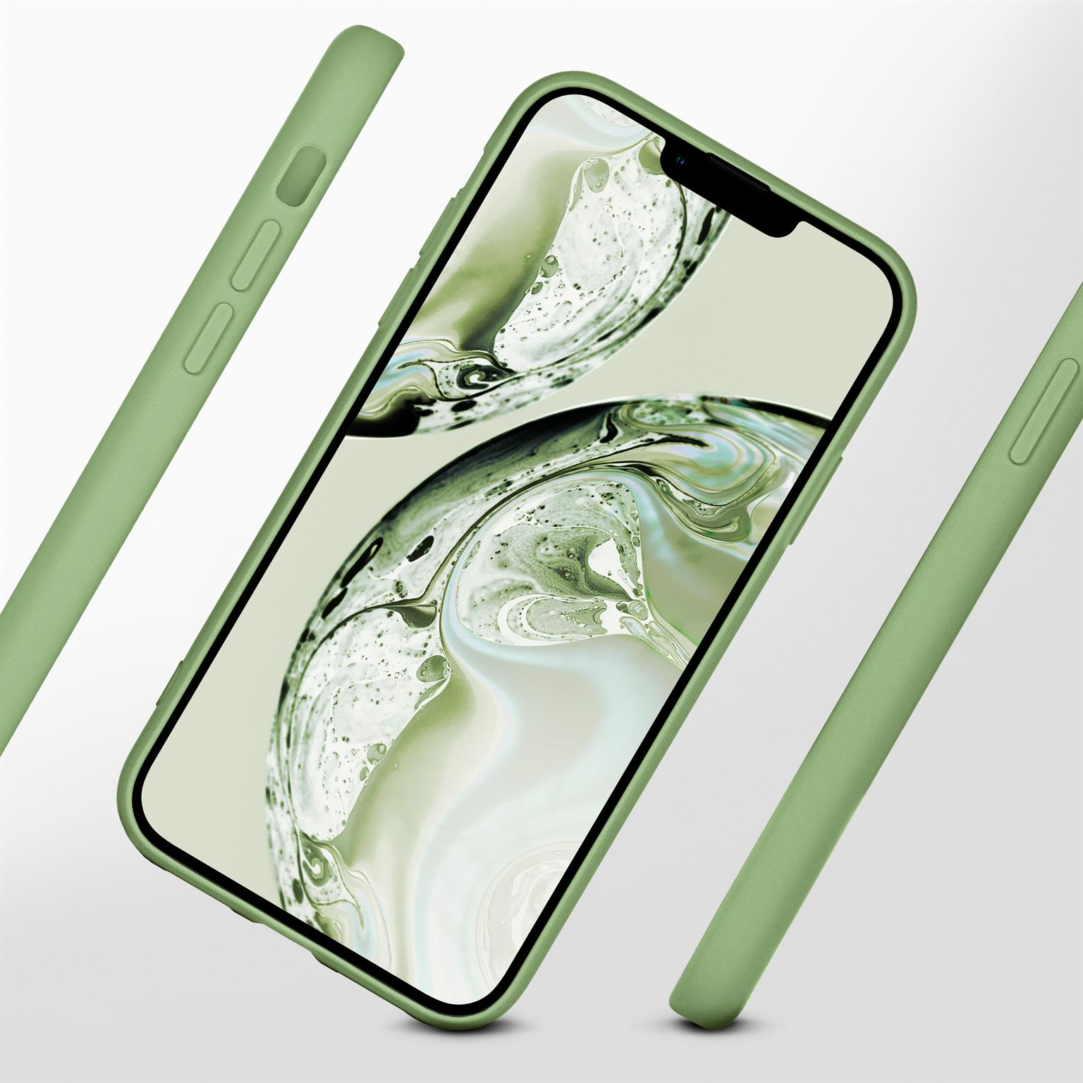 Eine grüne Handyhülle mit einem Telefon darin, aus verschiedenen Blickwinkeln gezeigt.