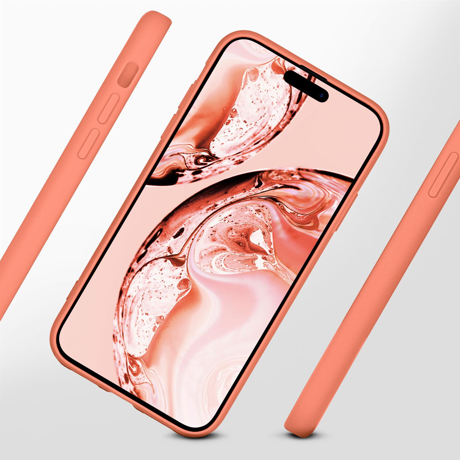 Eine korallenfarbene Handyhülle mit Telefon auf weißem Hintergrund.