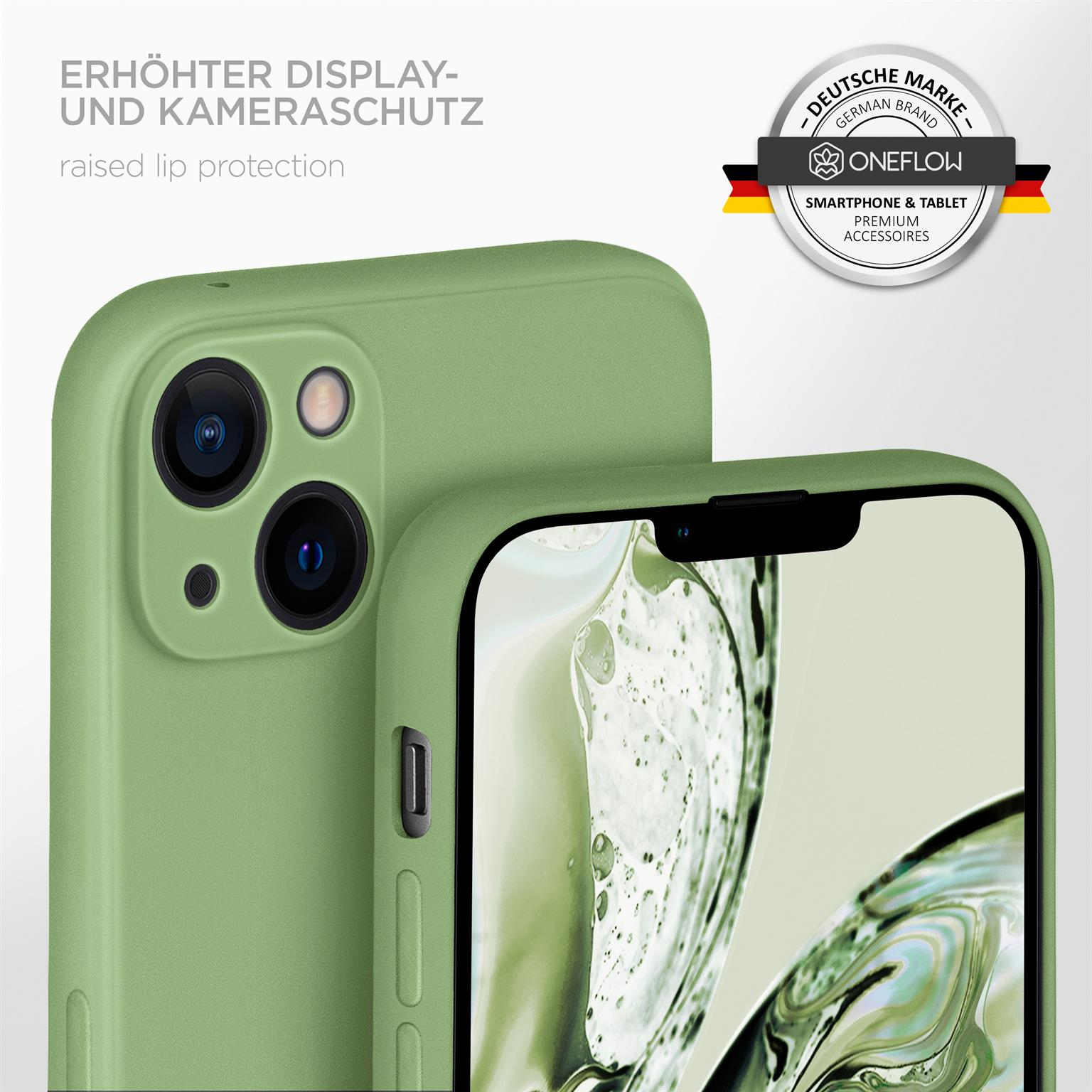 Nahaufnahme einer grünen Telefonhülle auf einem Telefon. Die Hülle befindet sich auf einem Telefon mit Logo oben.