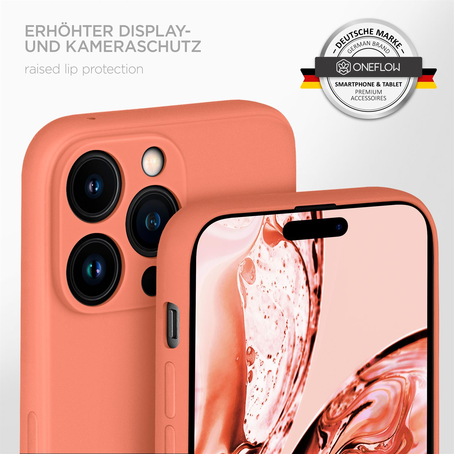 Zwei Telefone mit korallenfarbenen Hüllen. Eines fokussiert, Kamera sichtbar. Text: Erhöhter Schutz.