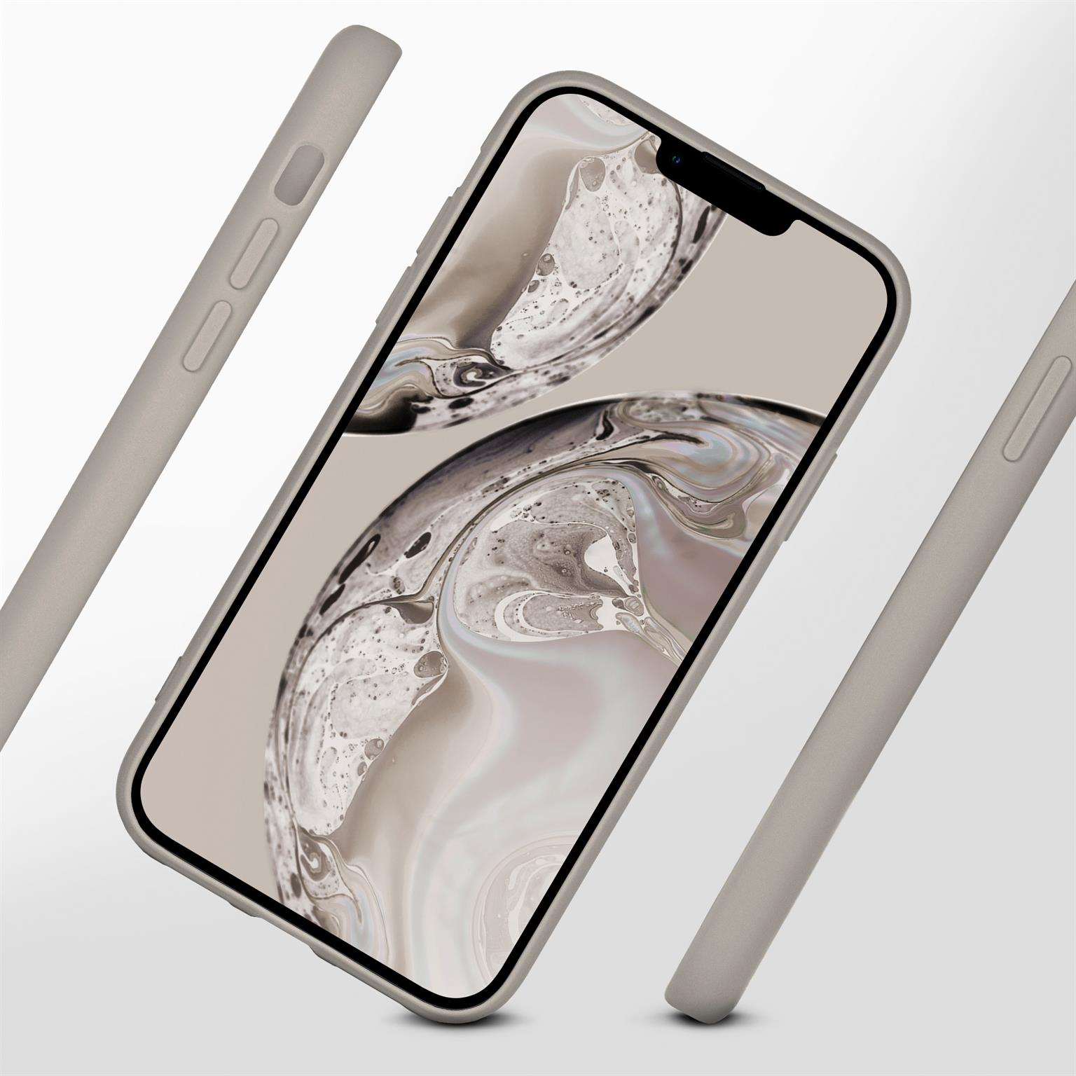 Ein Telefon in einem grauen Gehäuse, mit zwei weiteren Gehäusen. Der Bildschirm zeigt ein wellenförmiges Design.